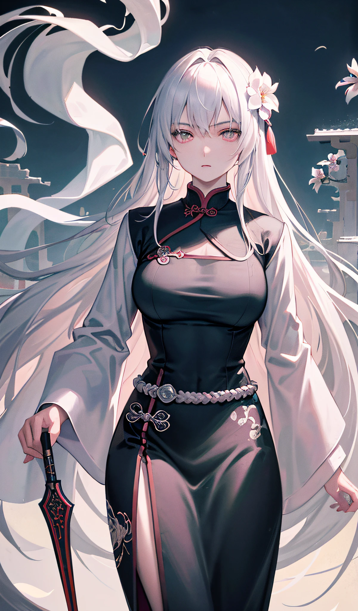 Masterpiece, Best, Night, Full Moon, 1 Female, Mature Woman, Chinese Style, Ancient China, Elder Sister, Royal Sister, Cold Face, Expressionless, Silver White Long Haired Woman, Pale Pink Lips, Calm, Intellectual, Three Belts, Gray Hitomi, assassin, dagger, flower ball background, street view