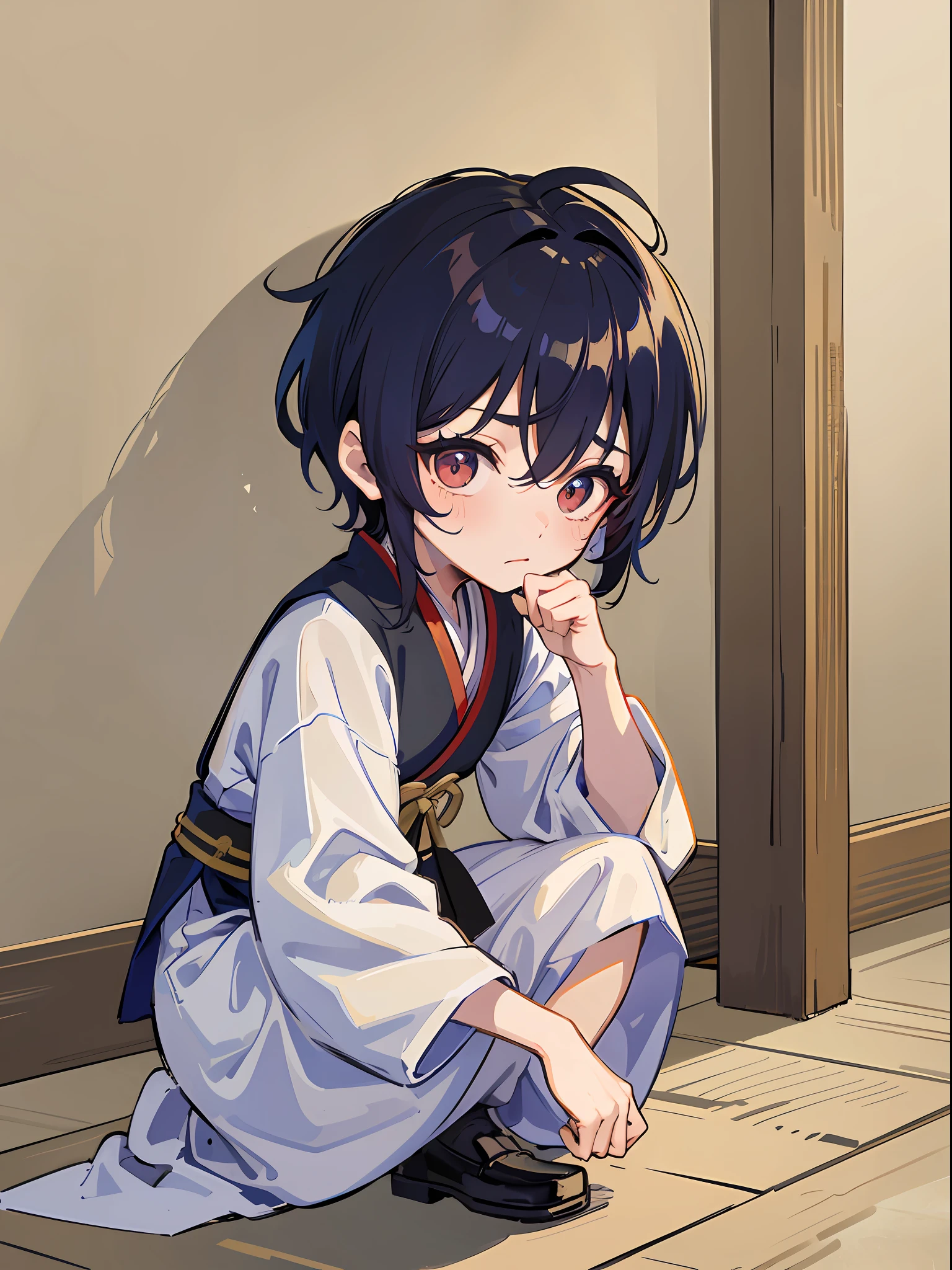 A dressed in ancient Hanfu, crouched in the corner, shivering, his whole body shrouded in fear. The background of the whole picture may be a courtyard or an ancient city, which add more history and culture to the young boy.
The colors of the picture are dominated by dull and dull tones, creating an atmosphere of oppression and fear. Although this little boyfu is gorgeous, his face is full of fear and uneasy expressions, which makes people feel sad and sympathetic.