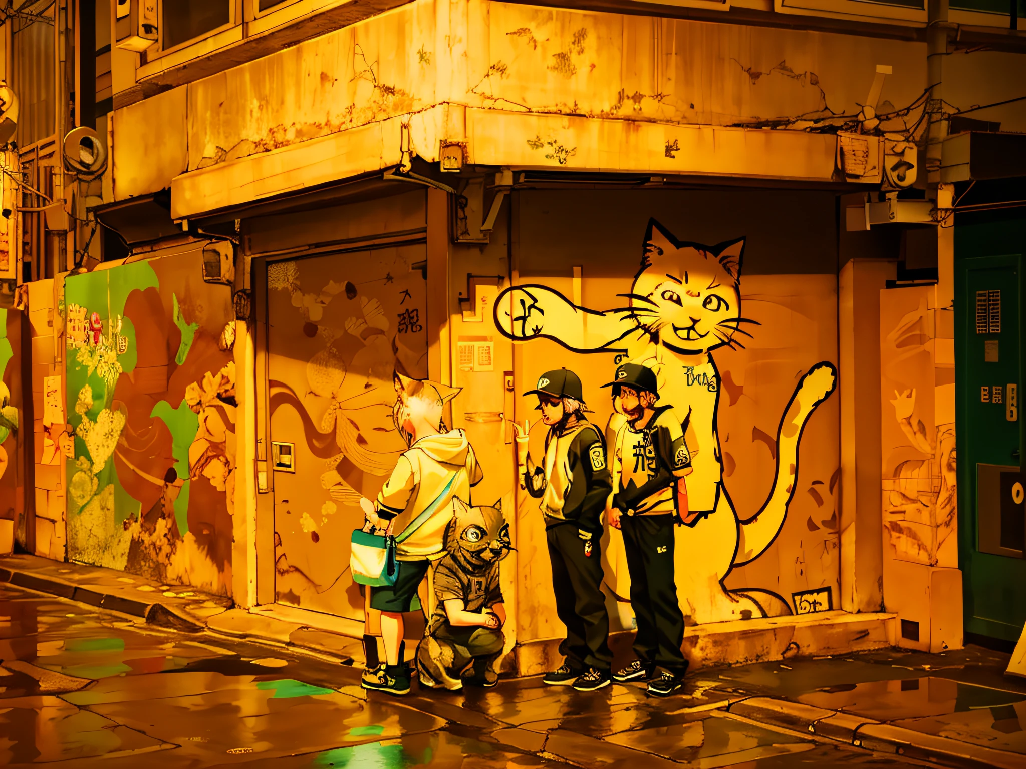 there are two people standing on the sidewalk near a building, cat attacking tokyo, inspired by Banksy, style of banksy, spraypainted on a wall, by Dennis Flanders, artist unknown, banksy graffiti, by Cafer Bater, by Géza Dósa, by Joze Ciuha, urban graffiti banksy, streetart, street art 8 k