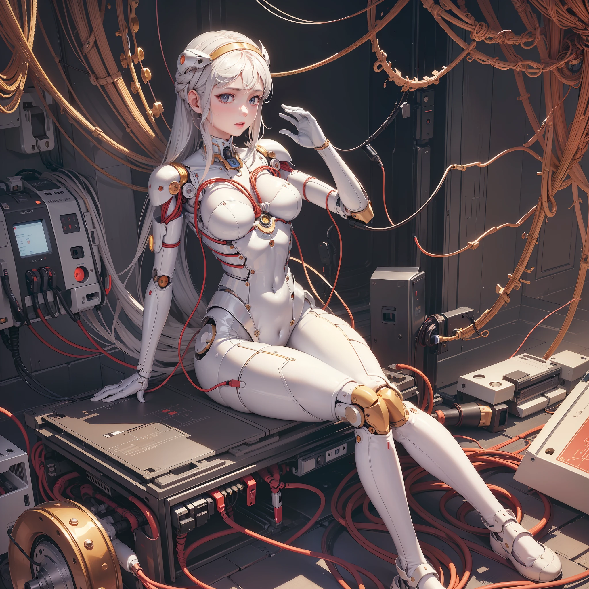 (((masterpiece))), ((((best quality)))), (((ultra-detailed))), (highly detailed CG illustration), ((an extremely delicate and beautiful)),(cute delicate face),cinematic light,((1mechanical girl)),solo,full body,(machine made joints:1.4),((machanical limbs)),(blood vessels connected to tubes),((mechanical vertebra attaching to back)),((mechanical cervial attaching to neck)),((sitting)),expressionless,(wires and cables attaching to head and body:1.5),(character focus),science fiction