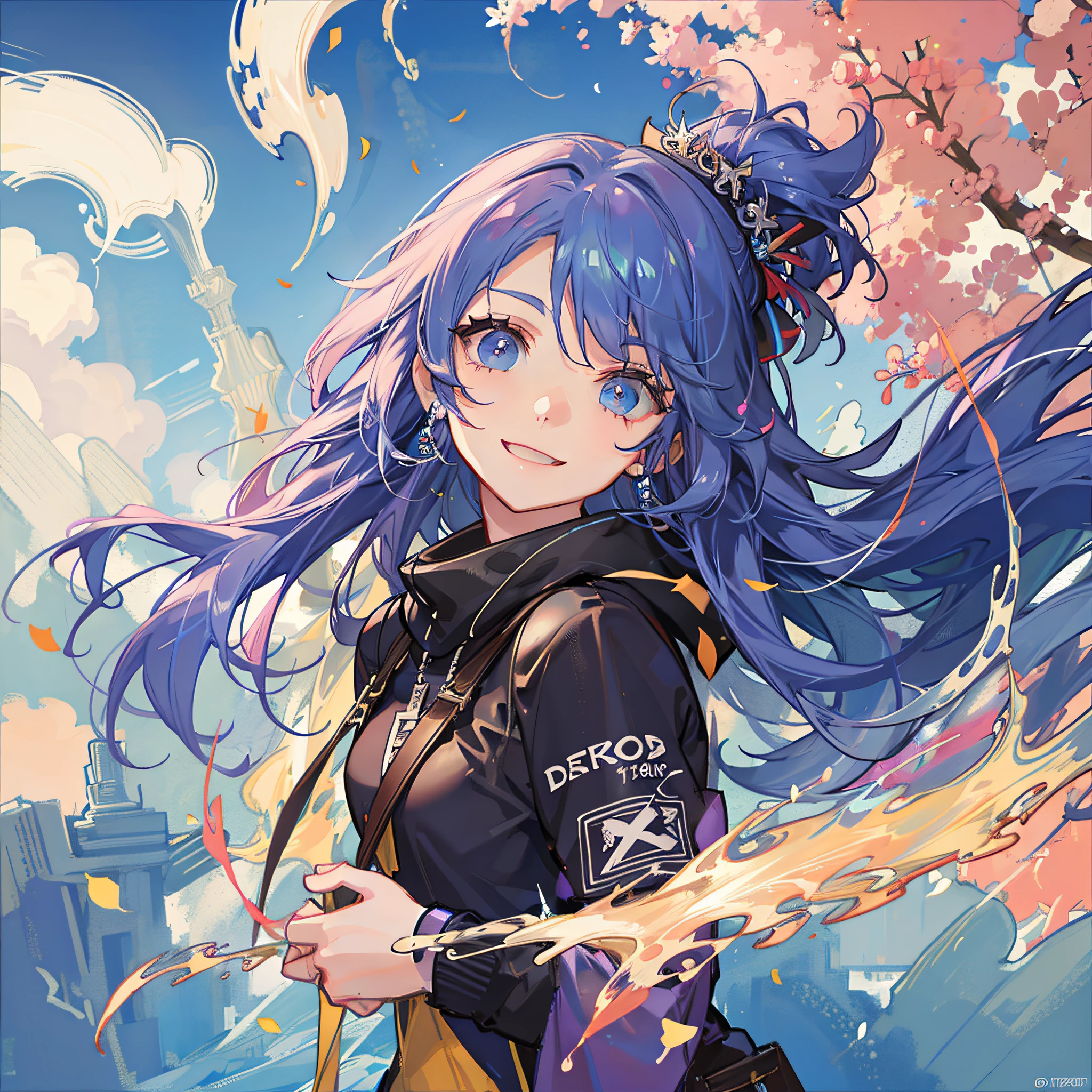 Seven colors, strong wind, paint, 18 year old beautiful girl, smile, detailed eyes, torrent of colors