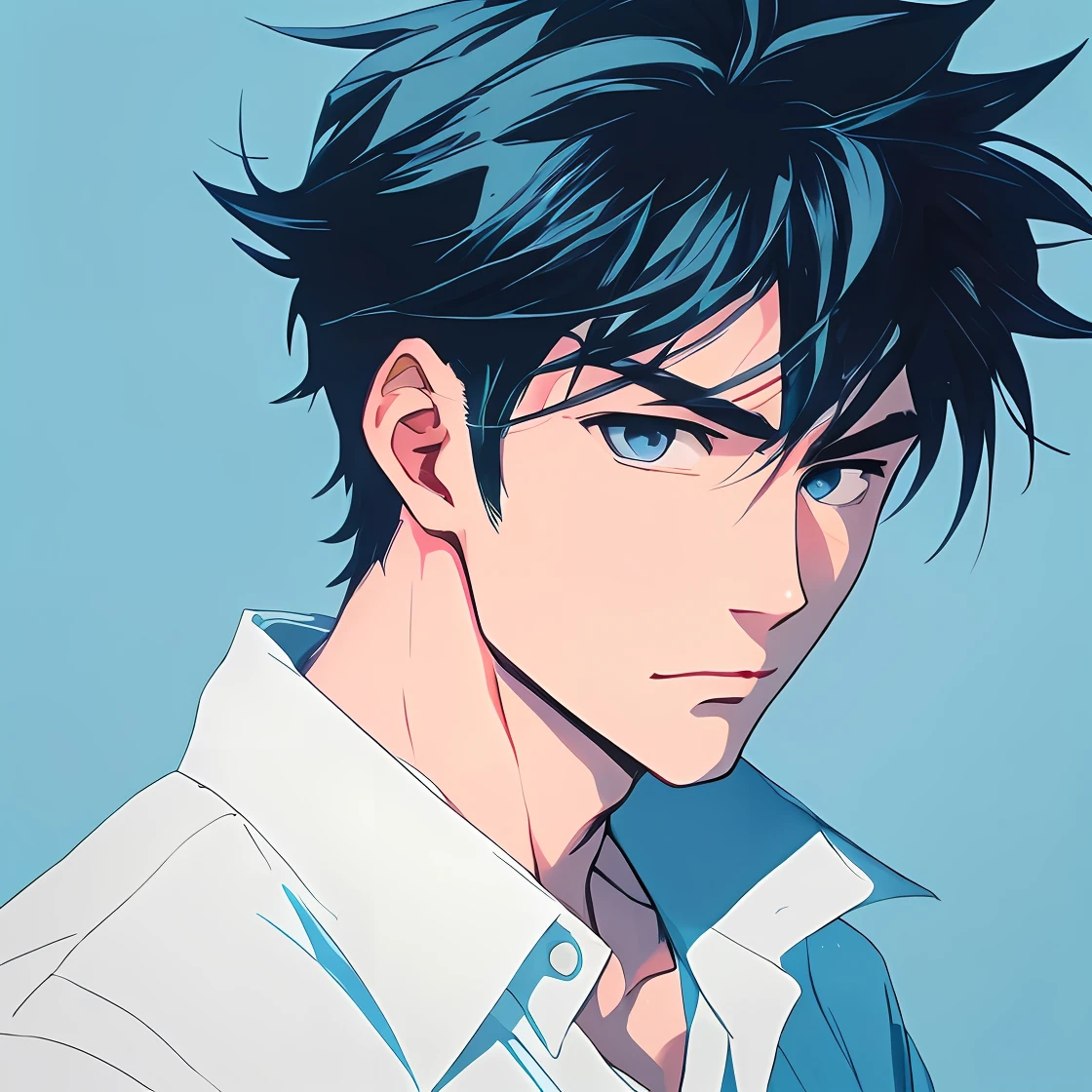 Anime boy with blue eyes and black hair in white shirt, 2d, handsome guy in demon killer art, high quality anime art style, light blue background, anime style portrait, anime art style, stunning anime face portrait, male anime style, anime boy, anime portrait of a handsome man, Kentaro Miura, young anime man, anime art style, anime handsome man