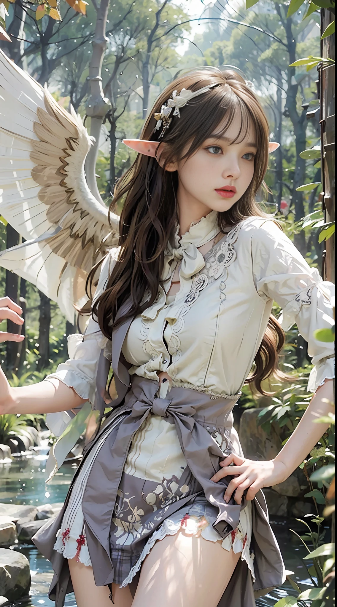(hyperrealistic), (illustration), (high resolution), (8K), (extremely detailed), (best illustration), (beautiful detailed eyes), (best quality), (super detailed), (masterpiece), ( wallpaper), (detailed face), solo 1 girl, white wavy hair, korean, heterochromatic eyes, short white shirt, long skirt, small breasts, long legs, tight abs, camel toes, dynamic pose, big elf wings, elf ears, tulle shawl