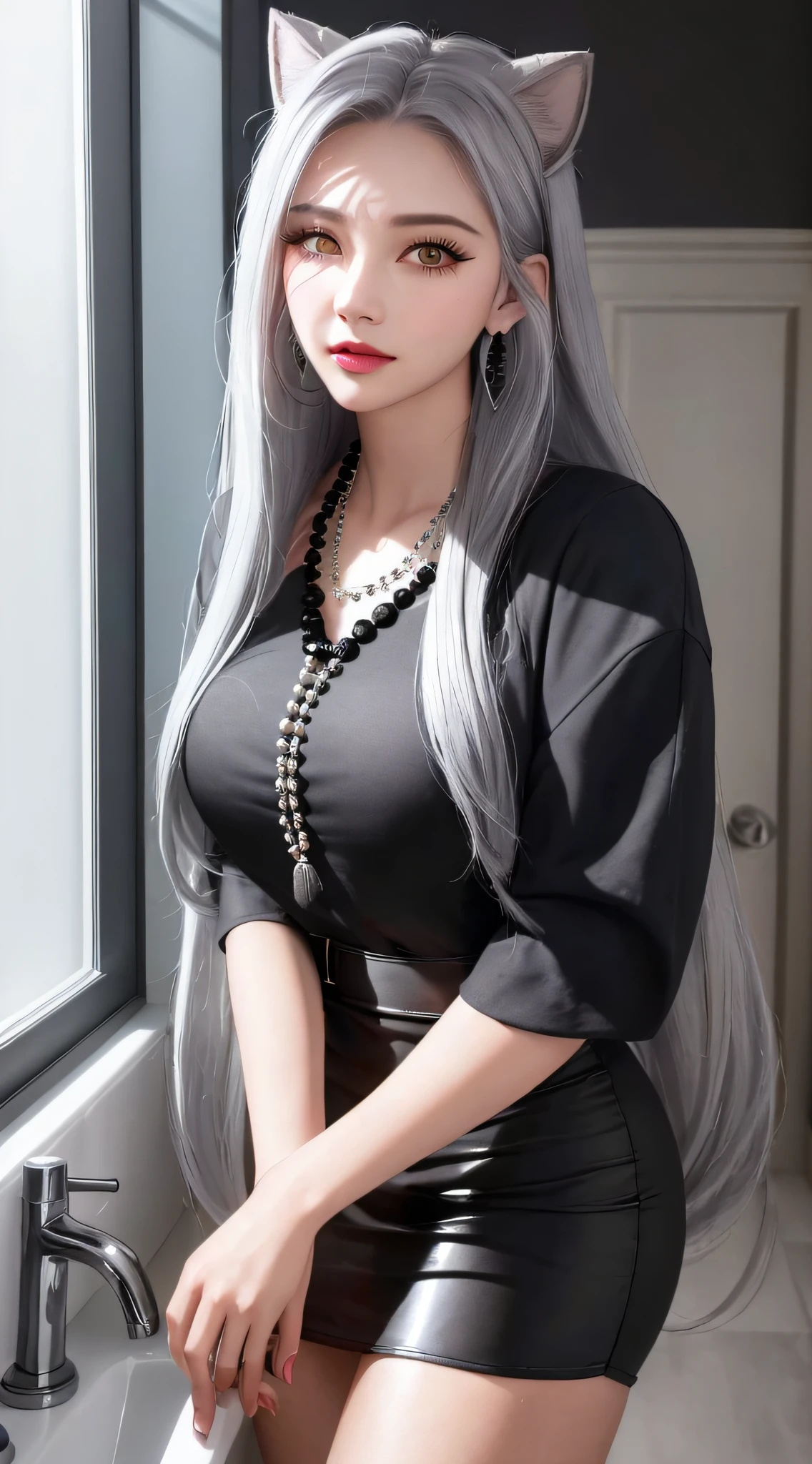 standing inside bathroom, aroused, necklace, earrings, full body, long grey hair, black dress, superb, ultra-high-definition, RAW photo, realism: 1.25), (bright lip gloss, long eyelashes, smooth face, bright skin, natural shadows, wide light, wide light, depth of field, strong colors, subtle caustics: 0.8), (big tits), v6