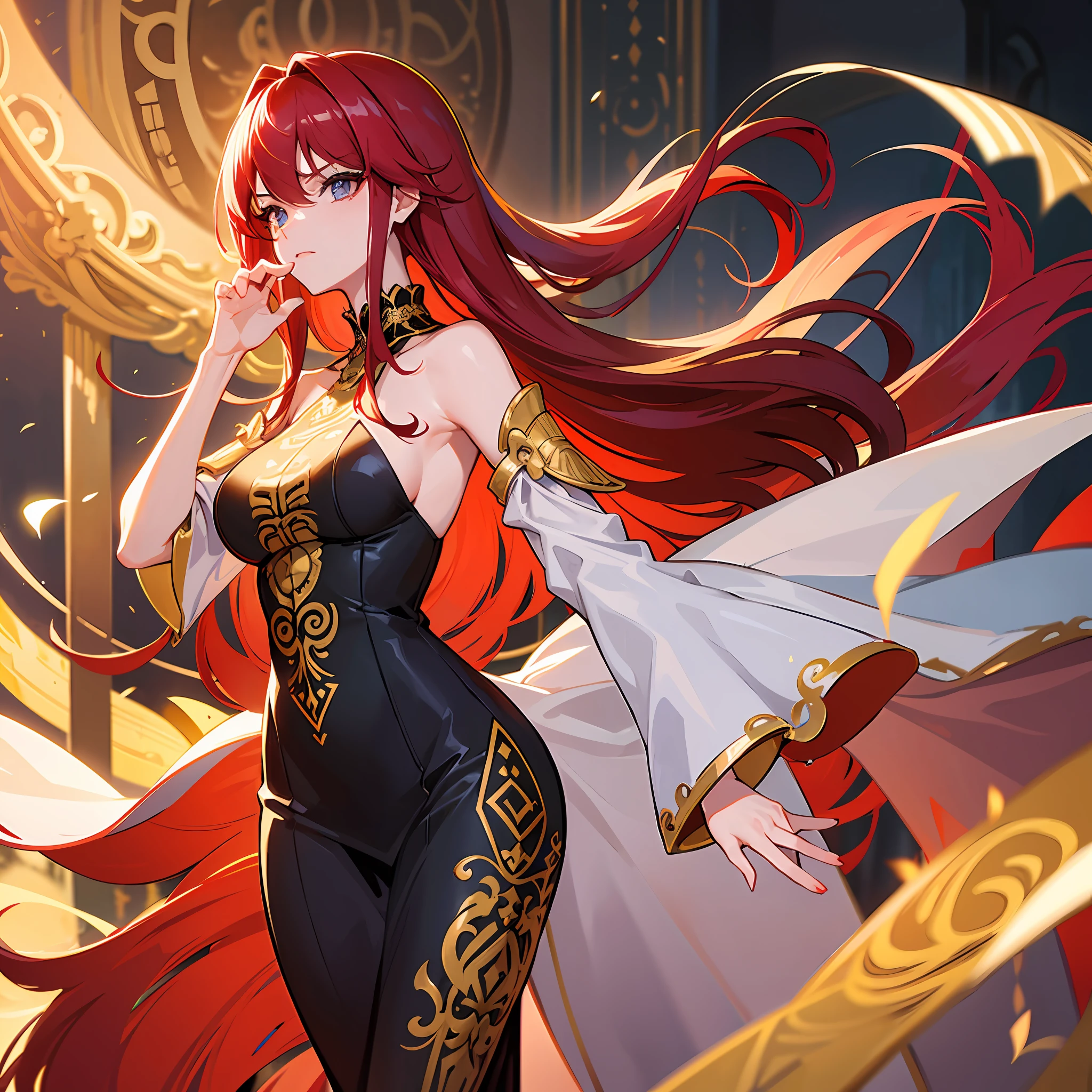 Create a picture of a 21-year-old anime woman with long, flowing red hair. She is wearing clothing inspired by imperial style, with elegant and luxurious elements. The outfit can be an elegant dress with gold embroidery details or a flowing robe with royal accents. Her face exudes a determined and confident demeanor, with sharp and serious eyes. Capture a strong aura that highlights her leadership through this picture. Show that she is a powerful figure, radiating unmatched grace.