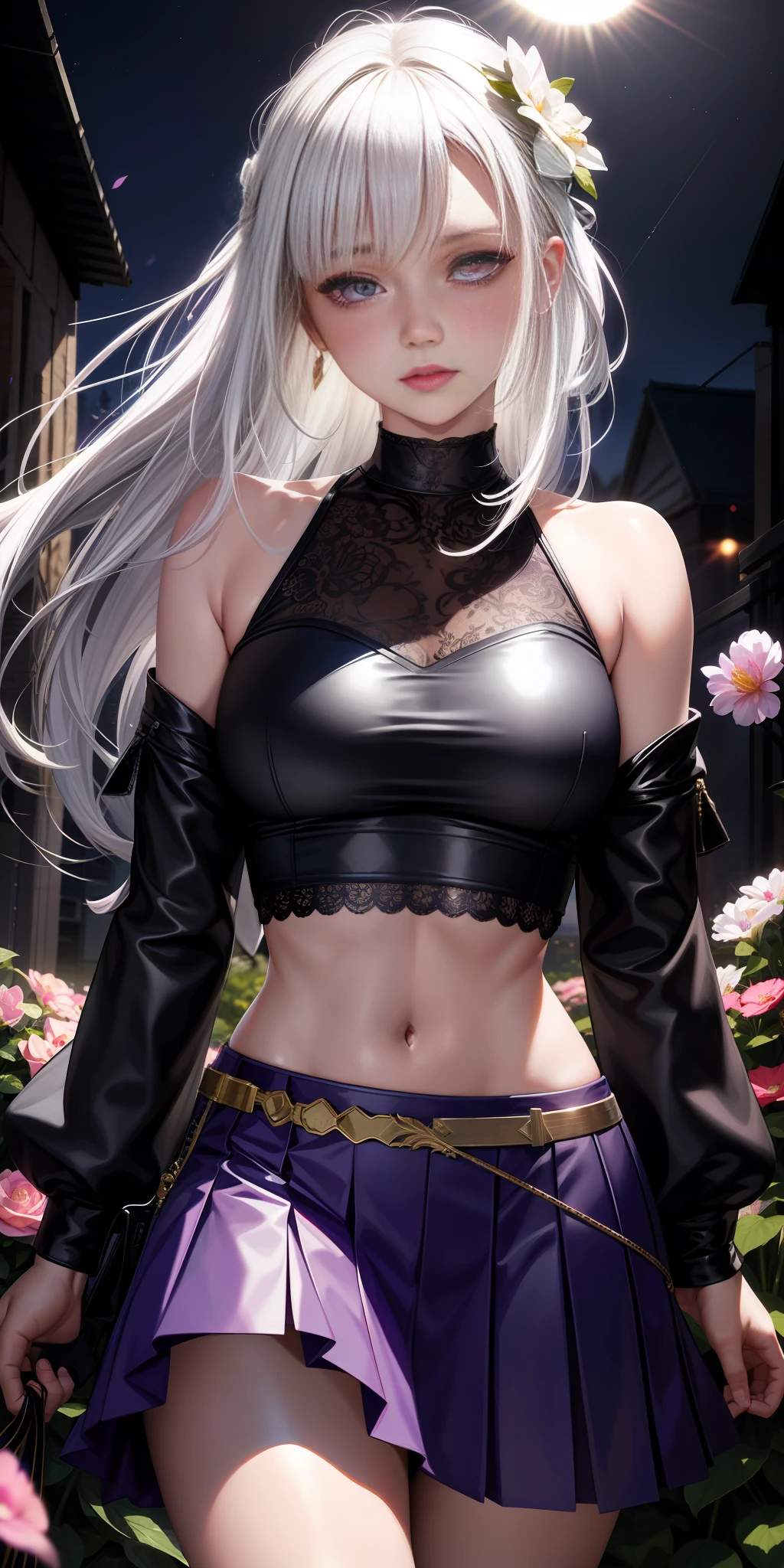 realistic, 1girl, white hair, purple eyes, glowing eyes, crop top, skirt, parted lips, blush, night, flowers, sun, sunlight,