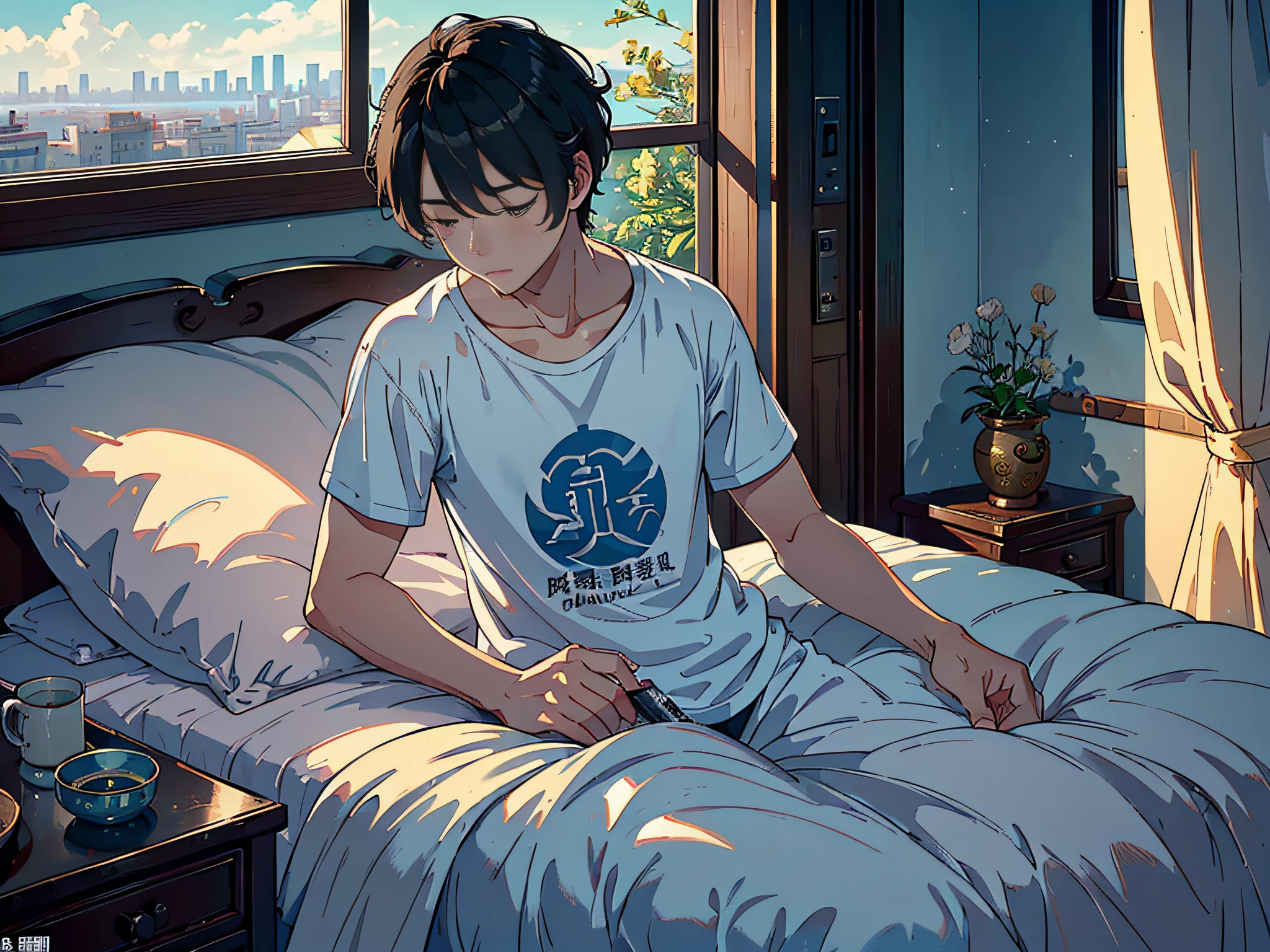 At night, the sky is full of stars, a boy sleeps in bed in the bedroom, the mobile phone is put aside, the man is wearing a white T-shirt, the lens is mainly featuring the upper body, (the lens is mainly based on the scenery outside the bedroom window 3.0), in the Loepfe art style ((Xinhai City), popular in CGStation, Xinhaicheng H 2160, inspired by Bian Shoumin, Xinhaicheng, Kavasi, Guwitz style, high quality, 4K, 8K, resolution, -auto-s2