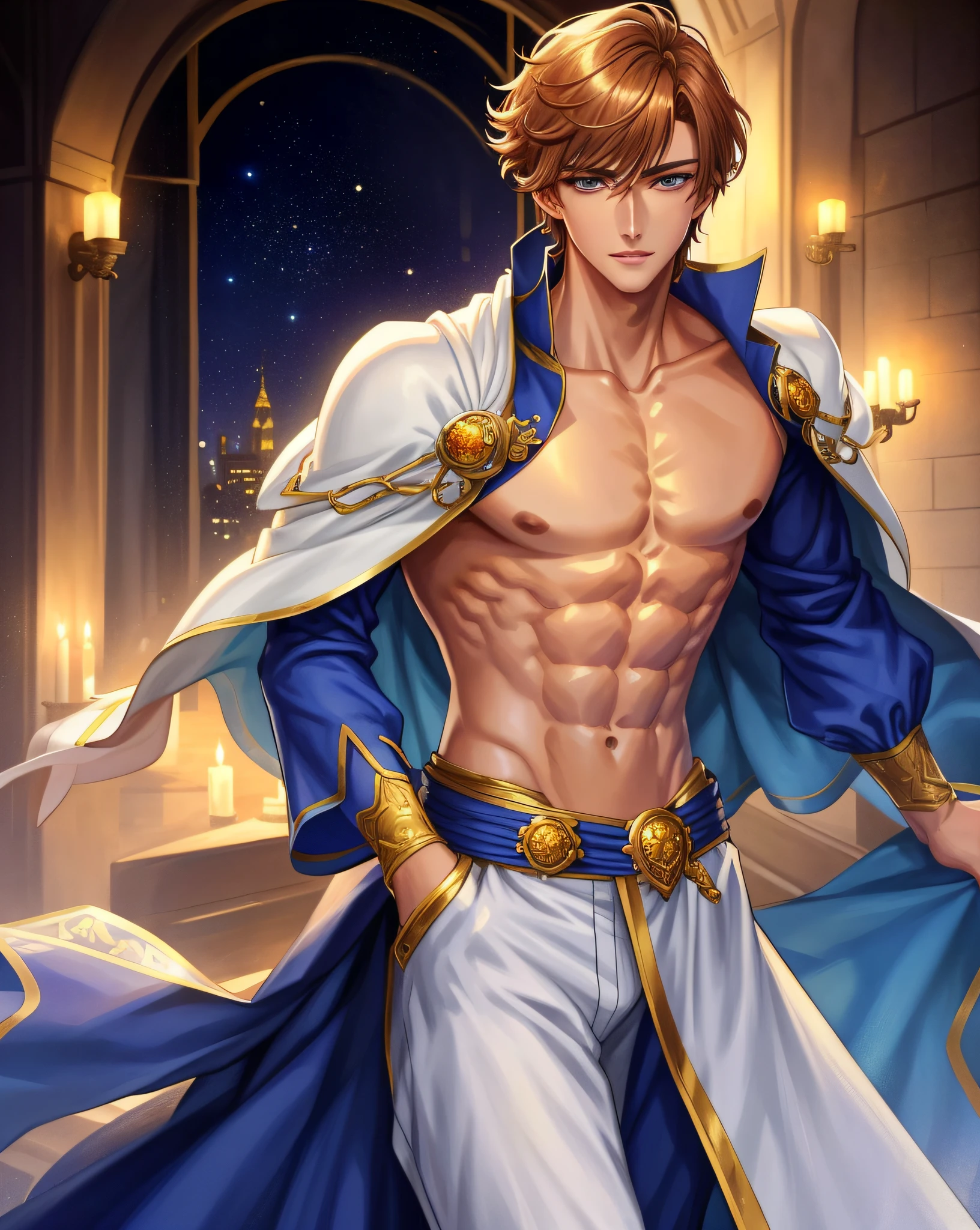 1 , 8K, very detailed, super detailed, (broad shoulders), (perfect face), (((handsome)), shota, otome game handsome, prince-like, anime illustration, soft lighting, complex, cowboy shot, detailed eyes, bangs, short hair, beautiful eyes like jewels, NSFW, sexy, manly body, muscular, abs, beautiful skin, shiny skin, open clothes, Castle