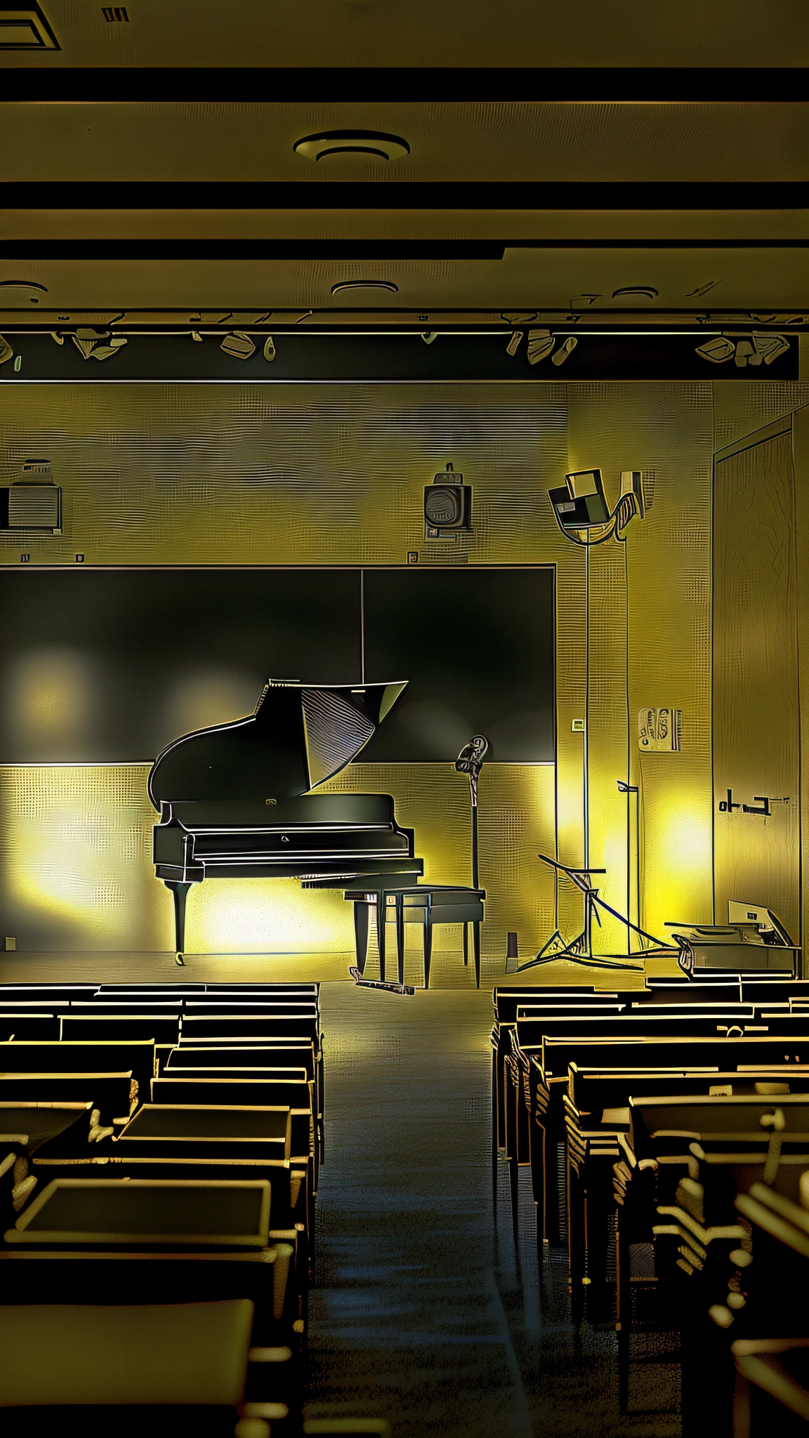 there is a piano in the middle of a room with a blackboard, piano in the background, concert hall, full piano, pianos, grand piano, hard lighting!, in a darkly lit laboratory room, recital, low light room, piano, low light, yellow lighting from right, low-light, dimly lit room, dimly lit, stage