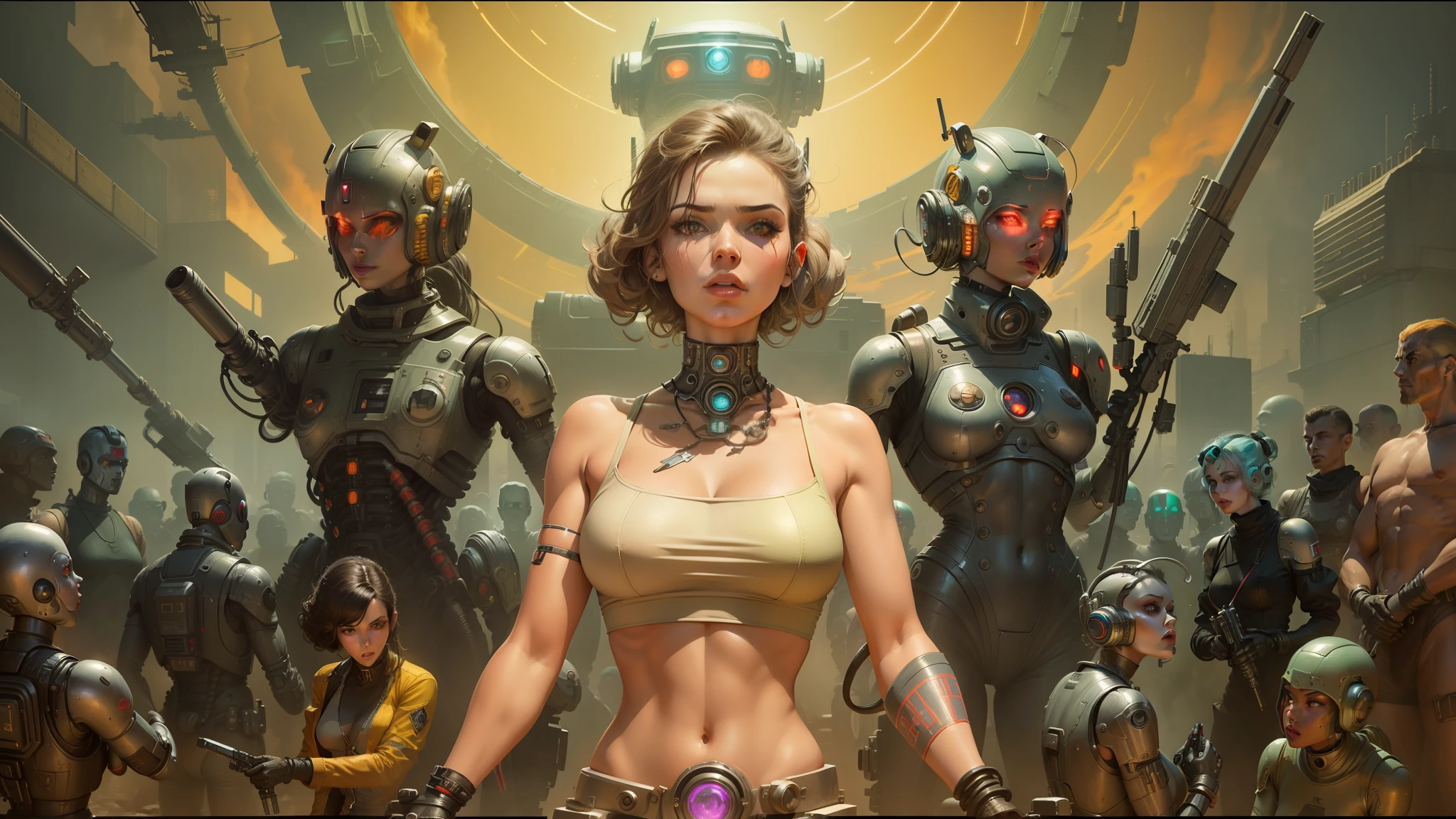 there is a woman standing in front of a group of robots, dorian cleavenger, retro and ethereal, cybernetic shrine, atompunk, holy cyborg necromancer girl, energetic beings patrolling, portrait of female android, anthropomorphic female, megadeth, mechanic, comic cover art --auto --s2