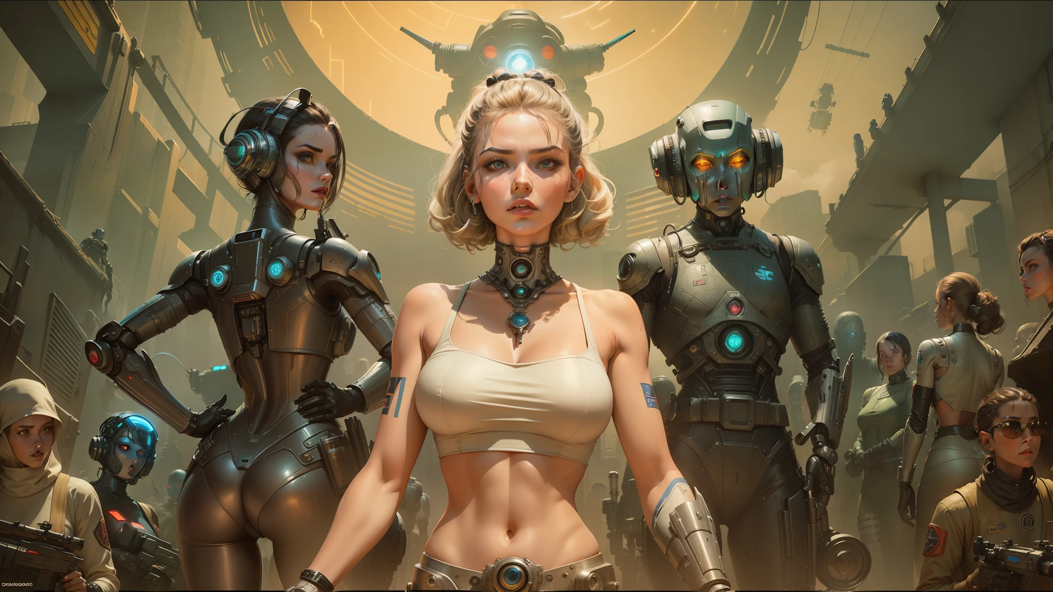 there is a woman standing in front of a group of robots, dorian cleavenger, retro and ethereal, cybernetic shrine, atompunk, holy cyborg necromancer girl, energetic beings patrolling, portrait of female android, anthropomorphic female, megadeth, mechanic, comic cover art --auto --s2