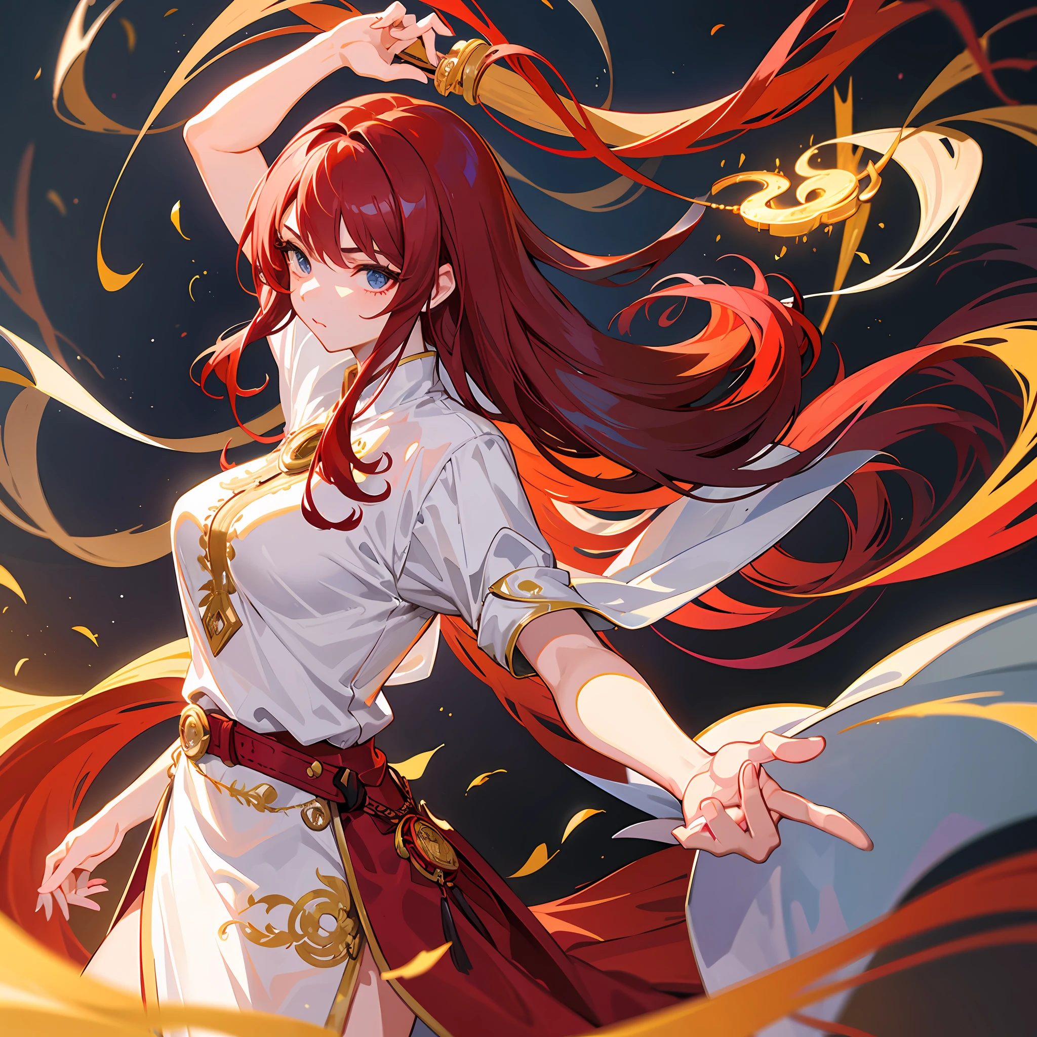 Create a picture of a 21-year-old anime woman with long, flowing red hair. She is wearing clothing inspired by imperial style, with elegant and luxurious elements. The outfit can be an elegant dress with gold embroidery details or a flowing robe with royal accents. Her face exudes a determined and confident demeanor, with sharp and serious eyes. Capture a strong aura that highlights her leadership through this picture. Show that she is a powerful figure, radiating unmatched grace.