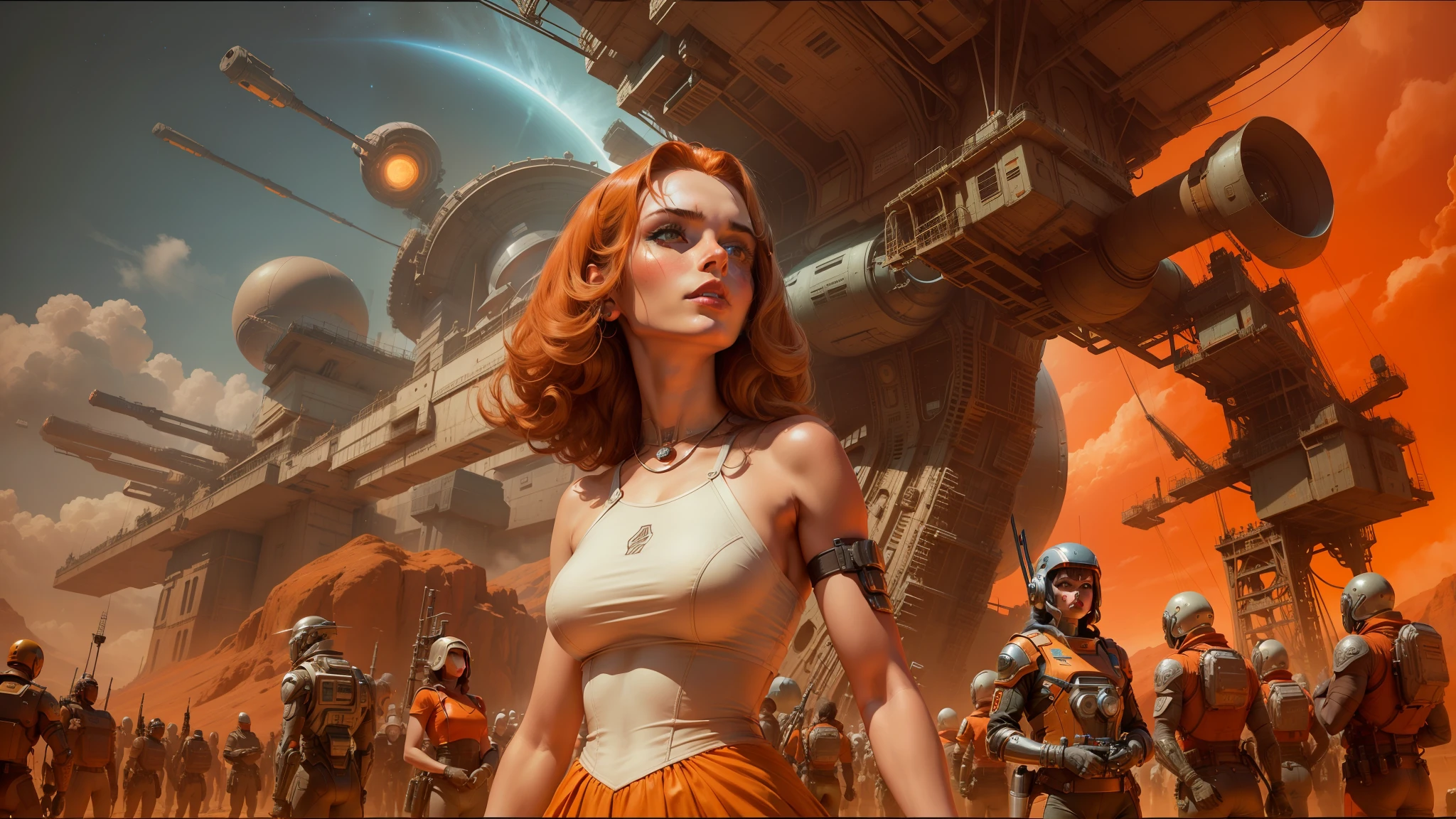 there is a woman standing in front of a large group of people, as a retrofuturistic heroine, heavy metal artwork, serene post-nuclear background, inspired by John Avon, mars attacks, astrophysics, orange color scheme, protagonist in foreground, pablo dominguez, claustrophobic and futuristic, stoner rock, beautiful android woman, lobotomy of a beautiful woman --auto --s2