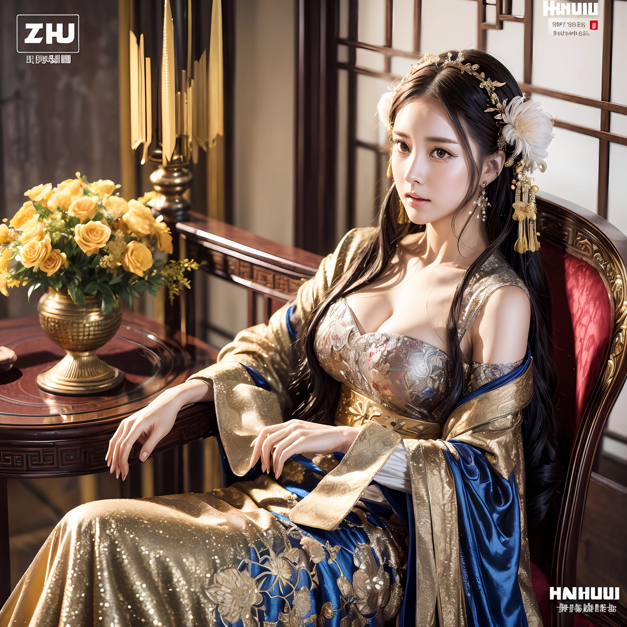 ((((cover of Hanhu magazine)))), (Marian Rivera), ray tracing, intricate details,highly detailed,perfect face, slender, thin, (mature woman:1.2) ,shiny skin, narrow waist, skindentation, a woman sitting on a chair wearing an asian dress, in the style of floralpunk, exquisite clothing detail, fujifilm x-t4, red and gold, official art, lev lagorio, anime art , silk, beautiful hanfu, gorgeous hanfu, multilayer hanfu, multicolor hanfu, colorful hanfu, luxurious fabrics, gold leaf, floralpunk, ((red and gold, qing dynasty, high quality photo, cult party kei)), absurdres, highres, ultra detailed, (ultra-detailed background, detailed background), extremly detailed, 1girl, 20 years old, zentangle:1.2, geometric:1.2, lots of words, sexy huge breasts, ((in style of black and blue))