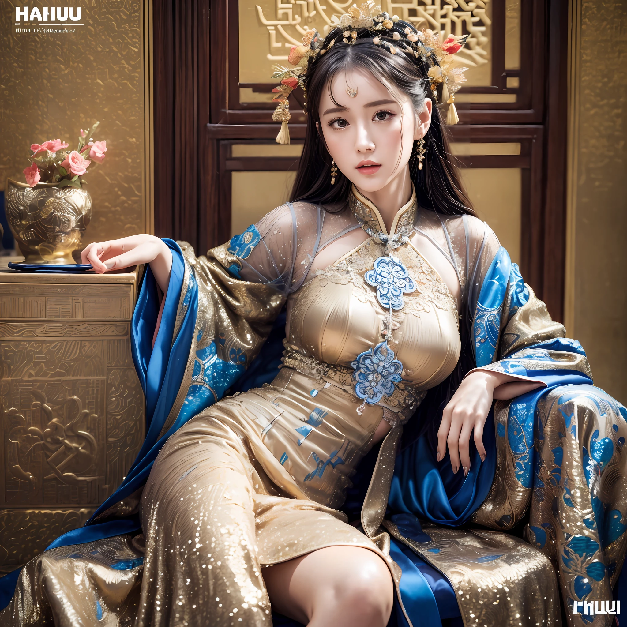 ((((cover of Hanhu magazine)))), (Marian Rivera), ray tracing, intricate details,highly detailed,perfect face, slender, thin, (mature woman:1.2) ,shiny skin, narrow waist, skindentation,  a woman sitting on a chair wearing an asian dress, in the style of floralpunk, exquisite clothing detail, fujifilm x-t4, red and gold, official art, lev lagorio, anime art , silk, beautiful hanfu, gorgeous hanfu, multilayer hanfu, multicolor hanfu, colorful hanfu, luxurious fabrics, gold leaf,  floralpunk, ((red and gold, qing dynasty, high quality photo, cult party kei)),  absurdres, highres, ultra detailed, (ultra-detailed background, detailed background), extremly detailed, 1girl, 20 years old,  zentangle:1.2, geometric:1.2, lots of words, sexy huge breasts, ((in style of black and blue))