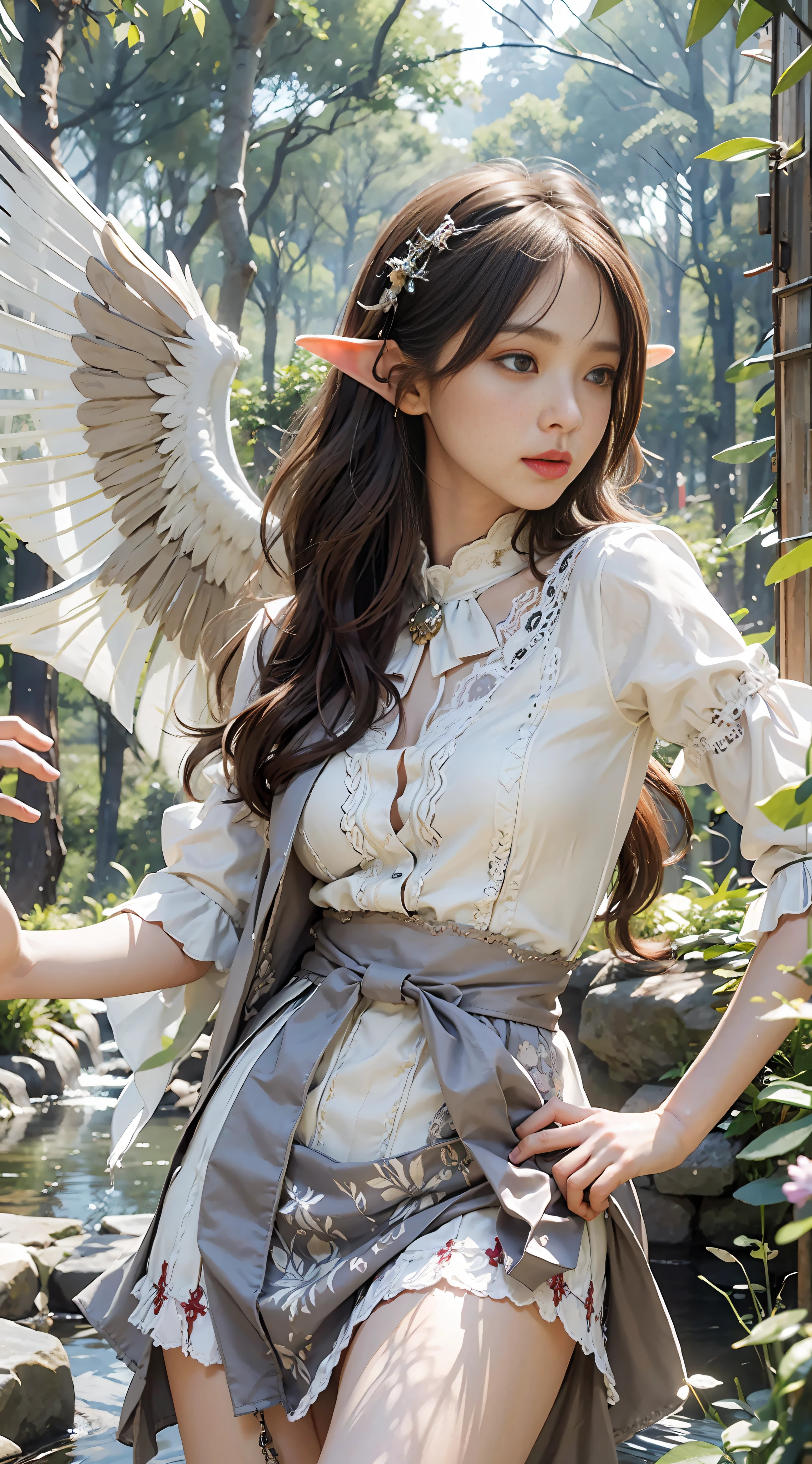 (hyperrealistic), (illustration), (high resolution), (8K), (extremely detailed), (best illustration), (beautiful detailed eyes), (best quality), (super detailed), (masterpiece), ( wallpaper), (detailed face), solo 1 girl, white wavy hair, korean, heterochromatic eyes, short white shirt, long skirt, small breasts, long legs, tight abs, camel toes, dynamic pose, big elf wings, elf ears, tulle shawl