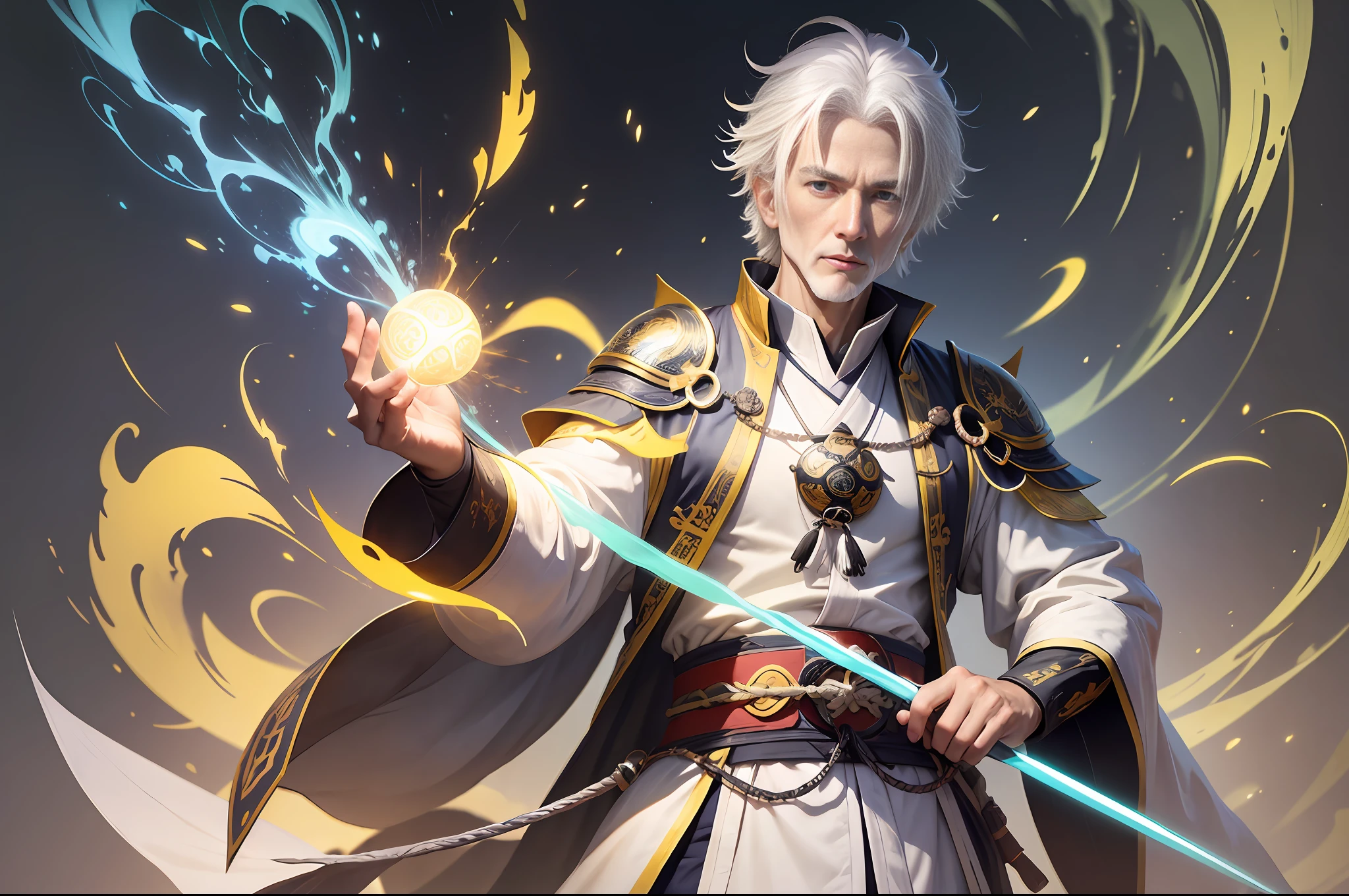 (Male white-haired old Taoist priest, wearing ancient style Taoist robe: 1.5,), emitting yellow and black lightning light effect particles, in the background of the border battlefield of Qin State, full body, ultra-wide angle, clear HD, 8K resolution, digital painting, concept art, Xinhai Cheng style, POP trend, Pixiv hot trend.