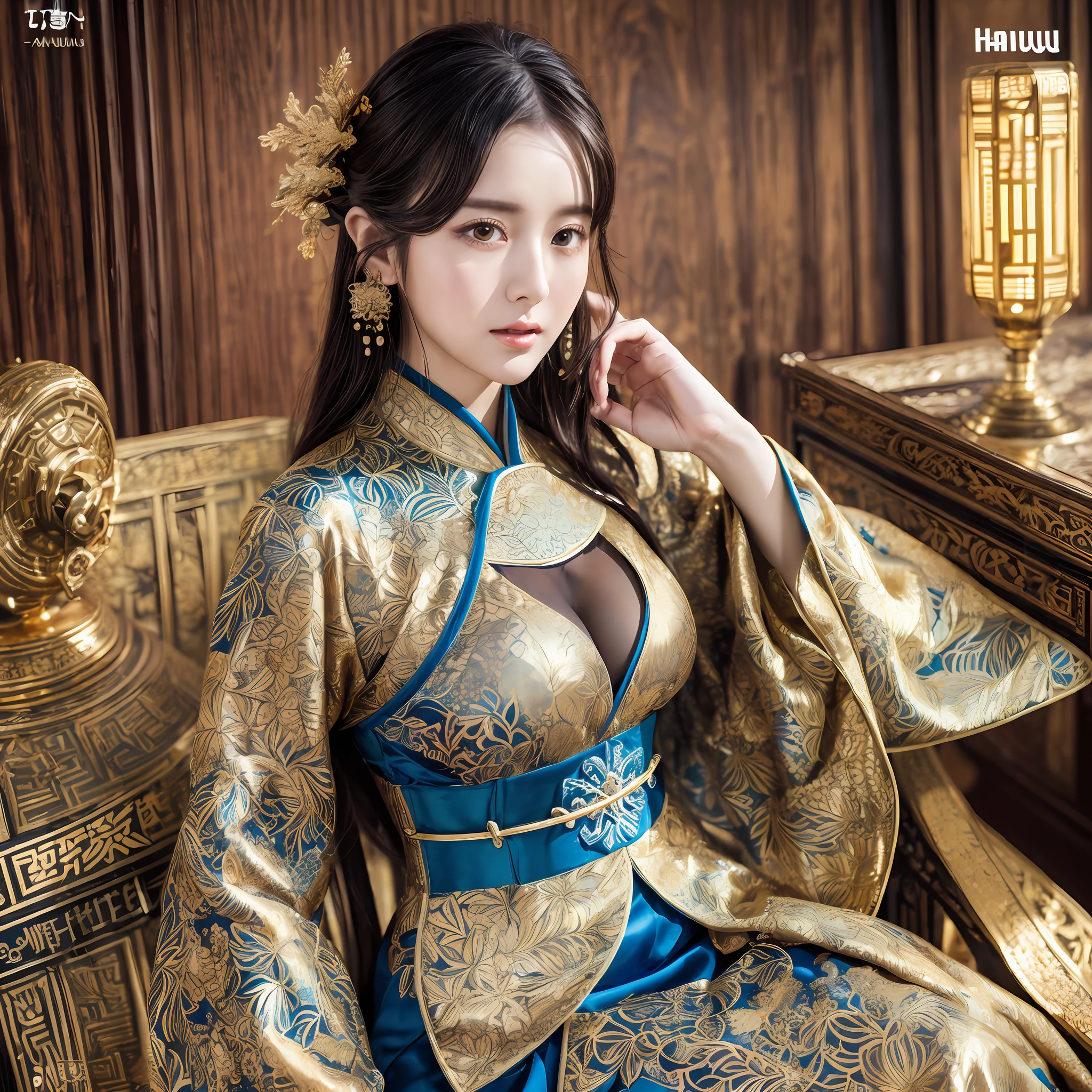 ((((cover of Hanhu magazine)))), (Marian Rivera), ray tracing, intricate details,highly detailed,perfect face, slender, thin, (mature woman:1.2) ,shiny skin, narrow waist, skindentation, a woman sitting on a chair wearing an asian dress, in the style of floralpunk, exquisite clothing detail, fujifilm x-t4, red and gold, official art, lev lagorio, anime art , silk, beautiful hanfu, gorgeous hanfu, multilayer hanfu, multicolor hanfu, colorful hanfu, luxurious fabrics, gold leaf, floralpunk, ((red and gold, qing dynasty, high quality photo, cult party kei)), absurdres, highres, ultra detailed, (ultra-detailed background, detailed background), extremly detailed, 1girl, 20 years old, zentangle:1.2, geometric:1.2, lots of words, sexy huge breasts, ((in style of black and blue))