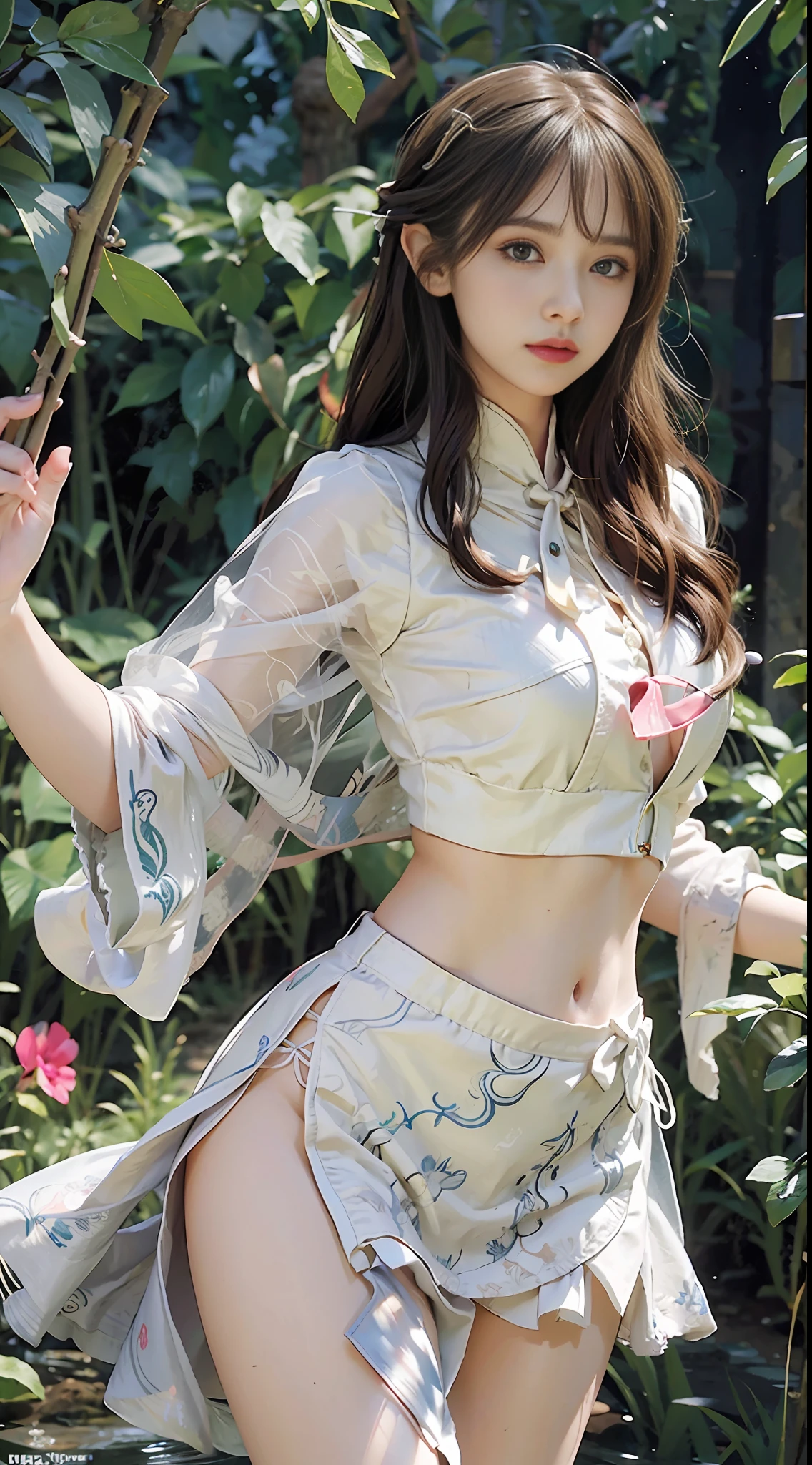 (hyperrealistic), (illustration), (high resolution), (8K), (extremely detailed), (best illustration), (beautiful detailed eyes), (best quality), (super detailed), (masterpiece), ( wallpaper), (detailed face), solo 1 girl, white wavy hair, korean, heterochromatic eyes, short white shirt, long skirt, small breasts, long legs, tight abs, camel toes, dynamic pose, big elf wings, elf ears, tulle shawl