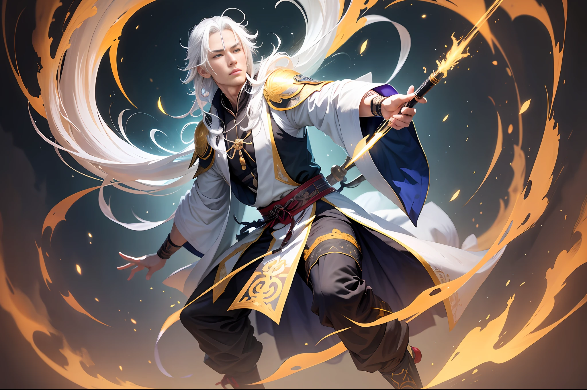 (Male white-haired old Taoist priest, wearing ancient style Taoist robe: 1.5,), emitting yellow and black lightning light effect particles, in the background of the border battlefield of Qin State, full body, ultra-wide angle, clear HD, 8K resolution, digital painting, concept art, Xinhai Cheng style, POP trend, Pixiv hot trend.