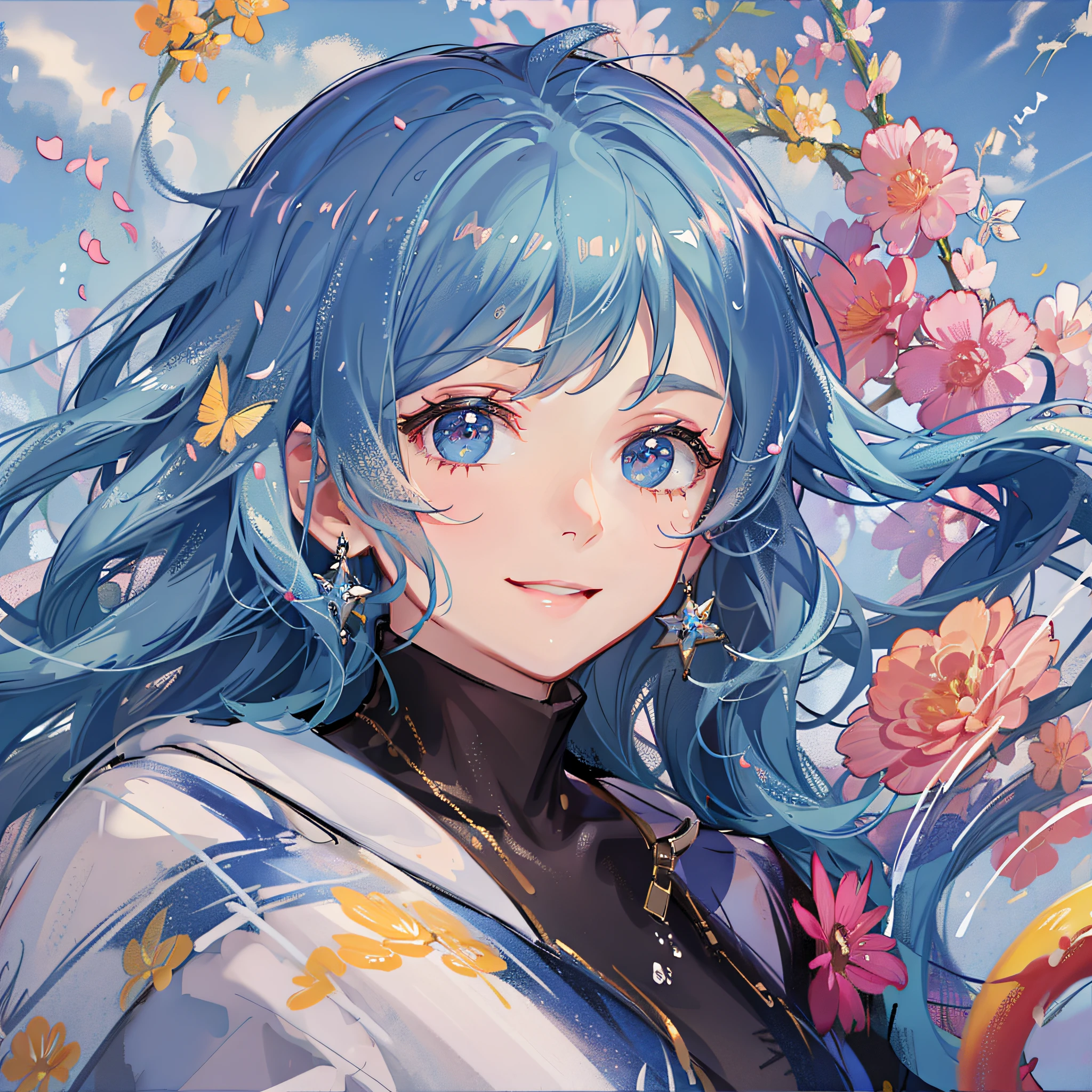 Seven colors, strong wind, paint, beautiful girl of 18 years old, smile, detailed eyes, splashing paint,