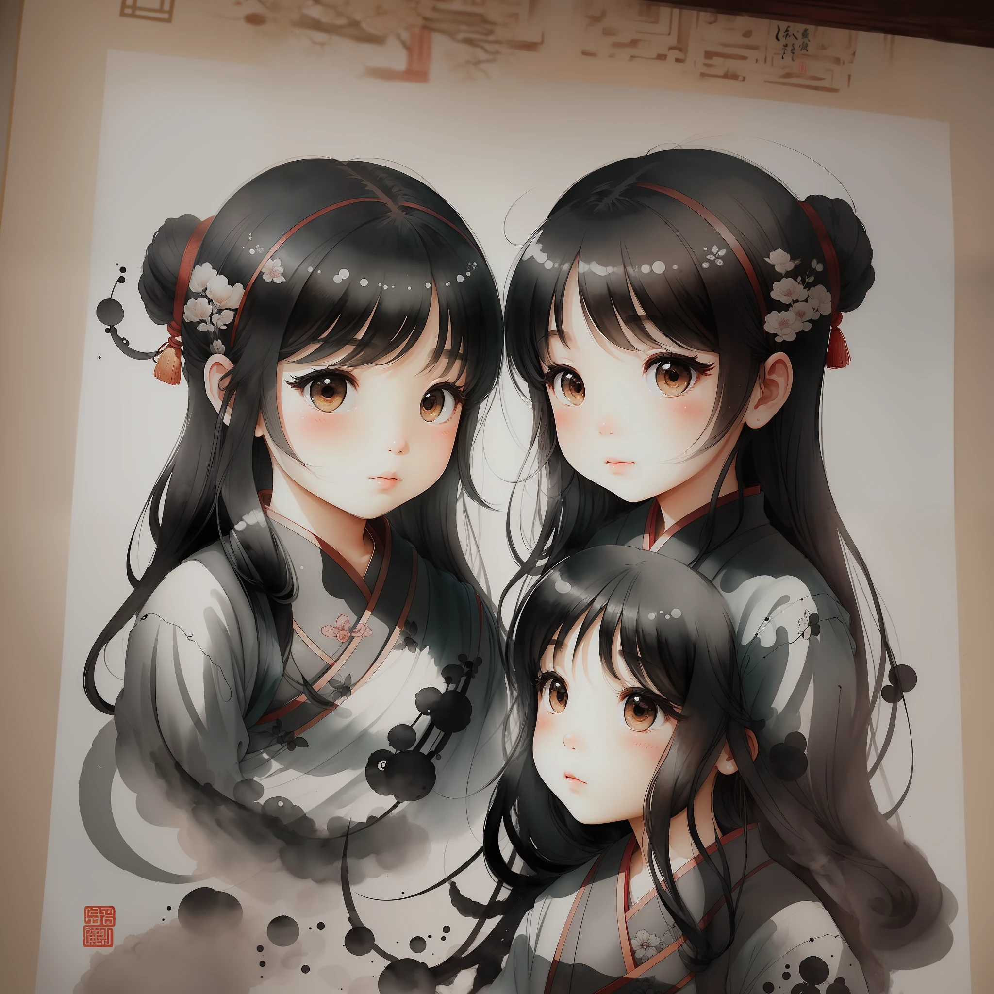 (Masterpiece, best quality: 1.2), traditional Chinese ink painting, two little girls --auto --s2