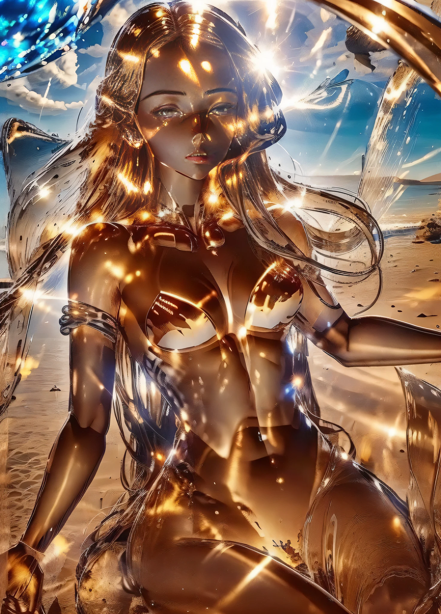 (translucent, reflective, glass sculpture))), full shot body photo, illustration, cinematic light, fantasy, highest quality, best quality, masterpiece, (face fine), tall and sexy gold coin dress, sparkling sandy beach, floating embers, golden hair jewelry, golden light reflecting the sun's rays, (focus on the body: 1.25), clear blue sky, desert and sea background, Long curly hair, golden eyes release magic energy, dark reflection, light reflection --s2