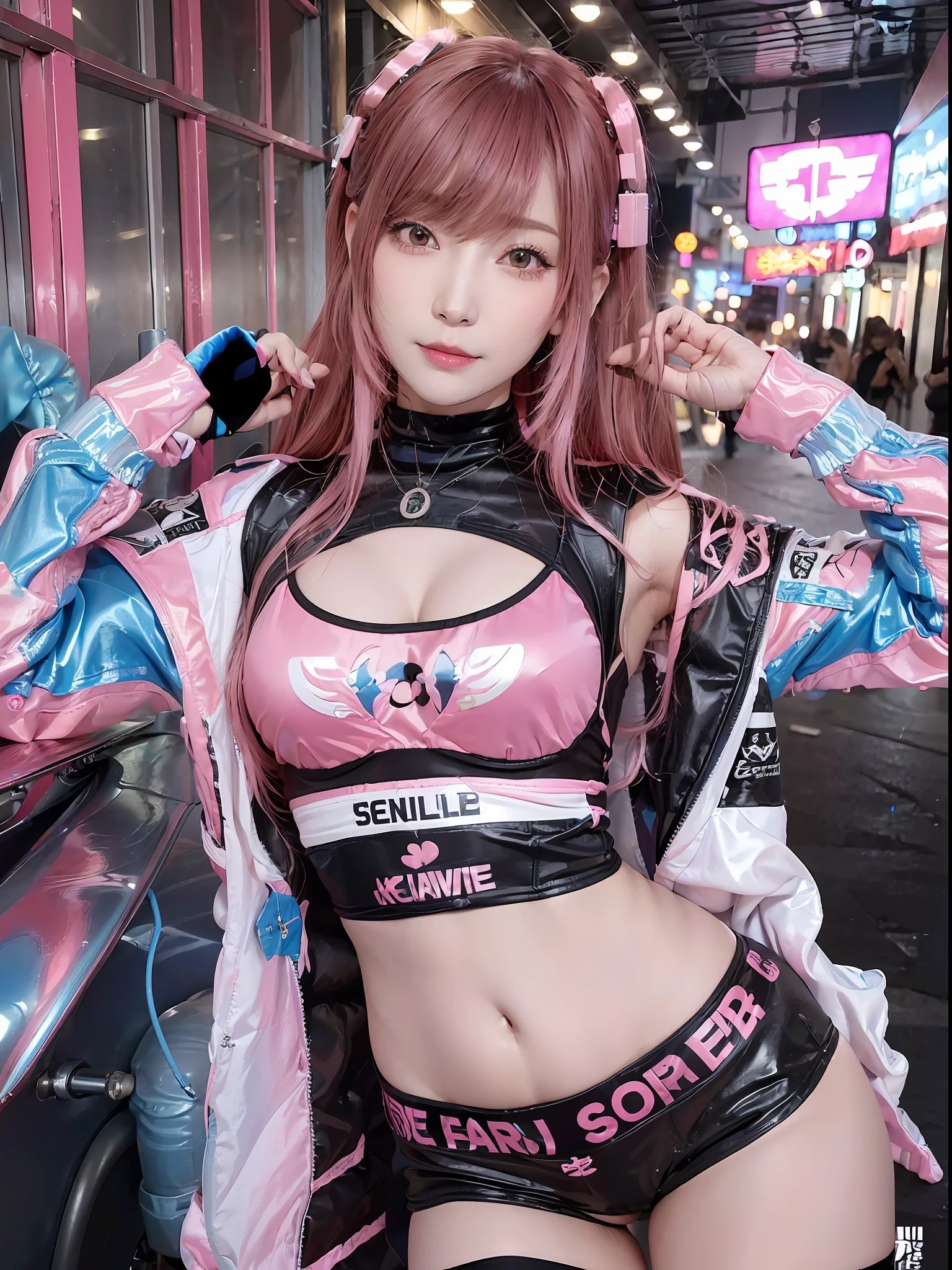 Top Quality, Ultra High Resolution, (Photorealistic: 1.4), (Pink Long Hair: 1.3), (Azure Lane\), One Girl, (Kpop Idol), Watch Audience, Detailed Face, Contrappost, Smooth Skin, Perfect Anatomy Professional Lighting, Futuristic Fashion, Streetwear, High-Tech Fabric, Racing Suit, Fireproof Material, Elbow and knee pads, racing gloves, personalized embroidery, sports car background, pits, miniskirt, belly button, pink hair, Suzuka circuit, starting grid