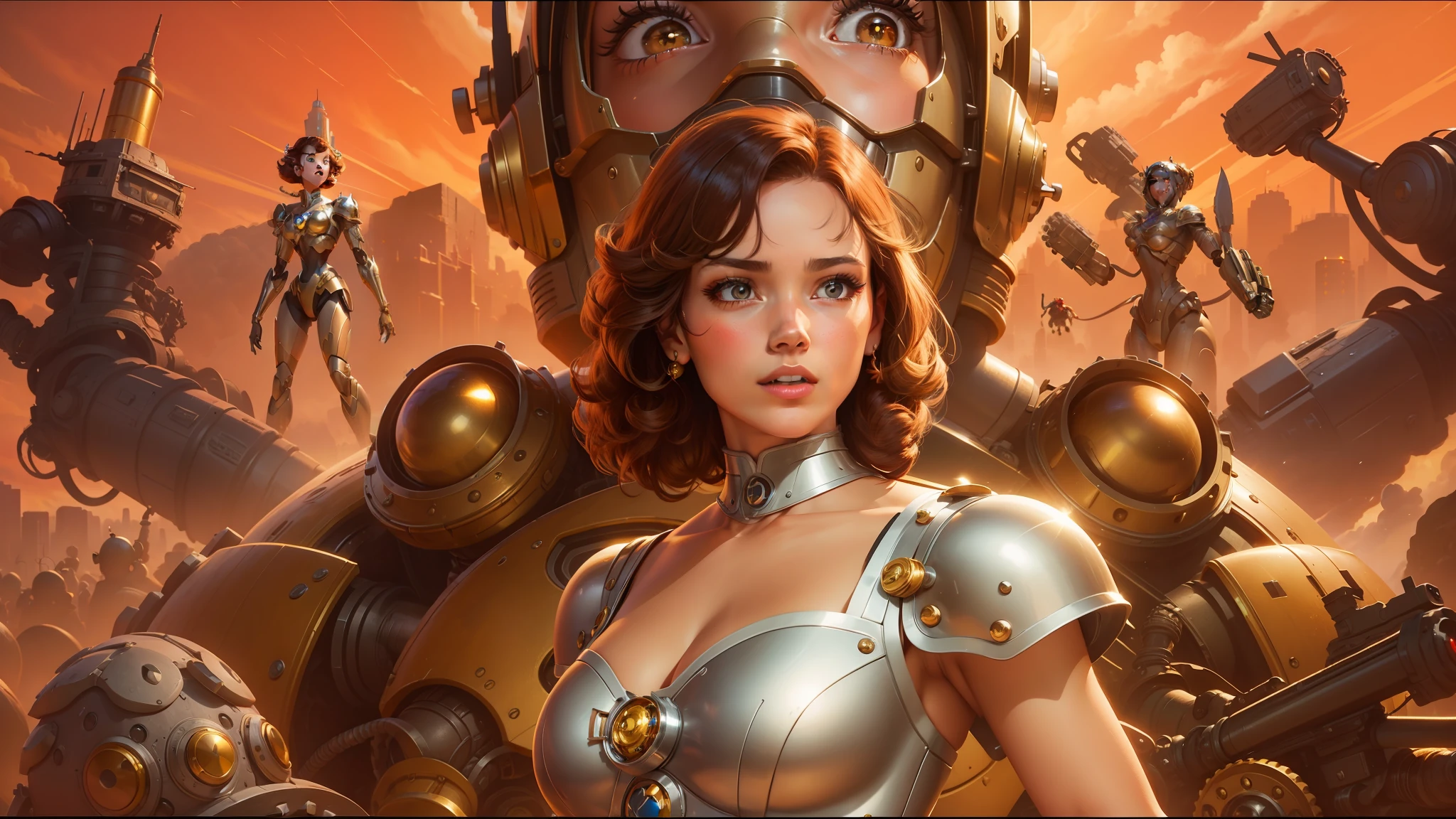 a close up of a woman in a dress with a bunch of robots, bestselling movie art poster, brunette fairy woman, golden computers, shiny plastic armor, youtube thumbnail, art in the style of disney, american realist, still from a movie, steve oliff, pin - up girl, cinderella, female protagonist, golden hour background, atomic age, chrome armor --auto --s2