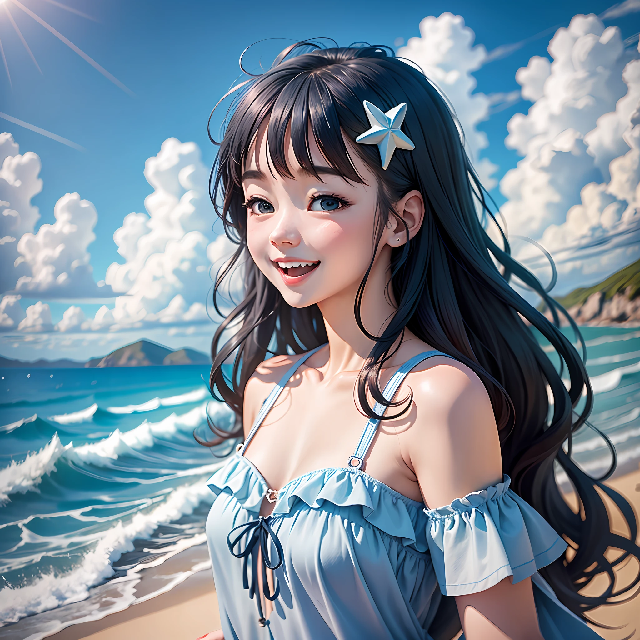 Blue sky Sea Girl laughing happily Hands raised above her head One leg up Full body Girl singing Red microphone Long legs Black skirt White shoes --auto --s2