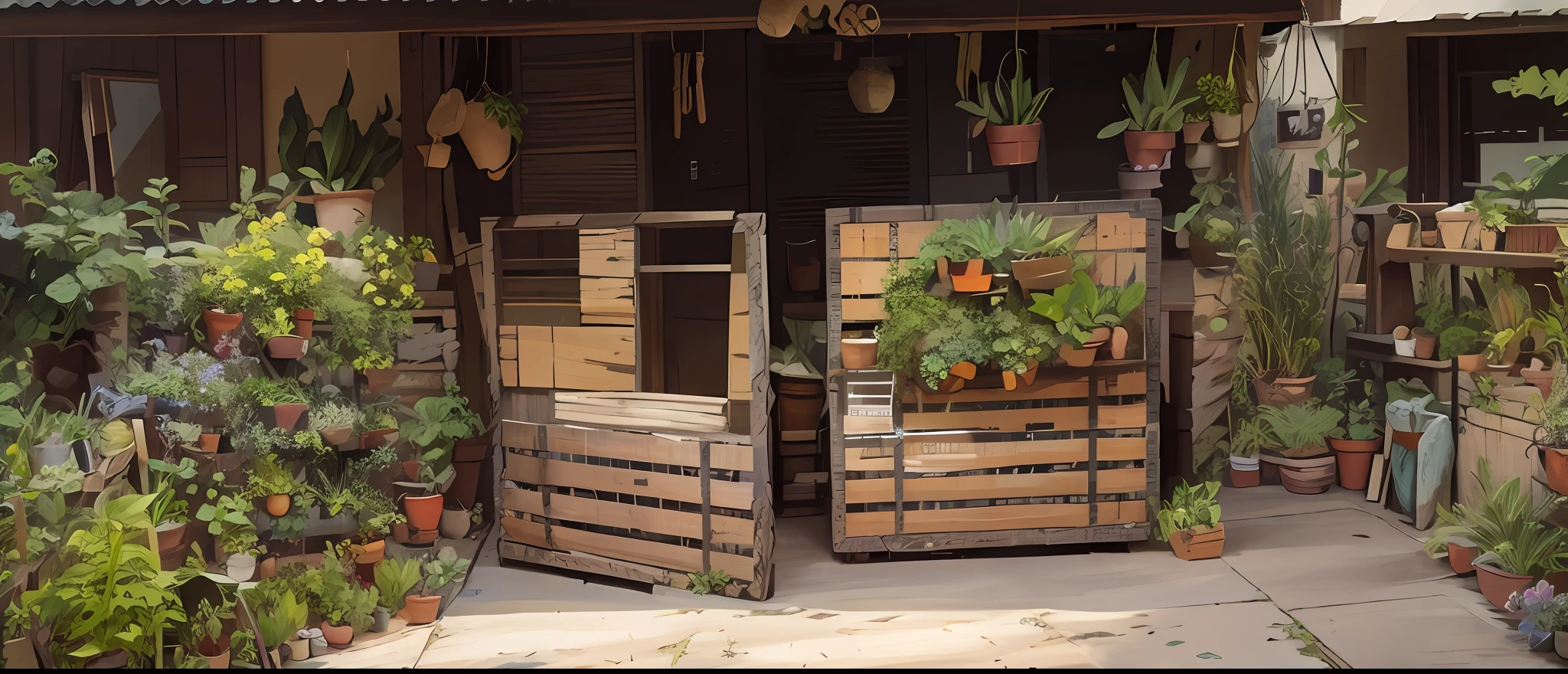there is a large crate with plants on it in front of a building, front view, front side, front-view, frontview, entrance, front side view, outside view, front side full, front profile, front view 2 0 0 0, inside view, well maintained, peaceful environment, interesting composition, front photo, masterpiece work of art, garden at home