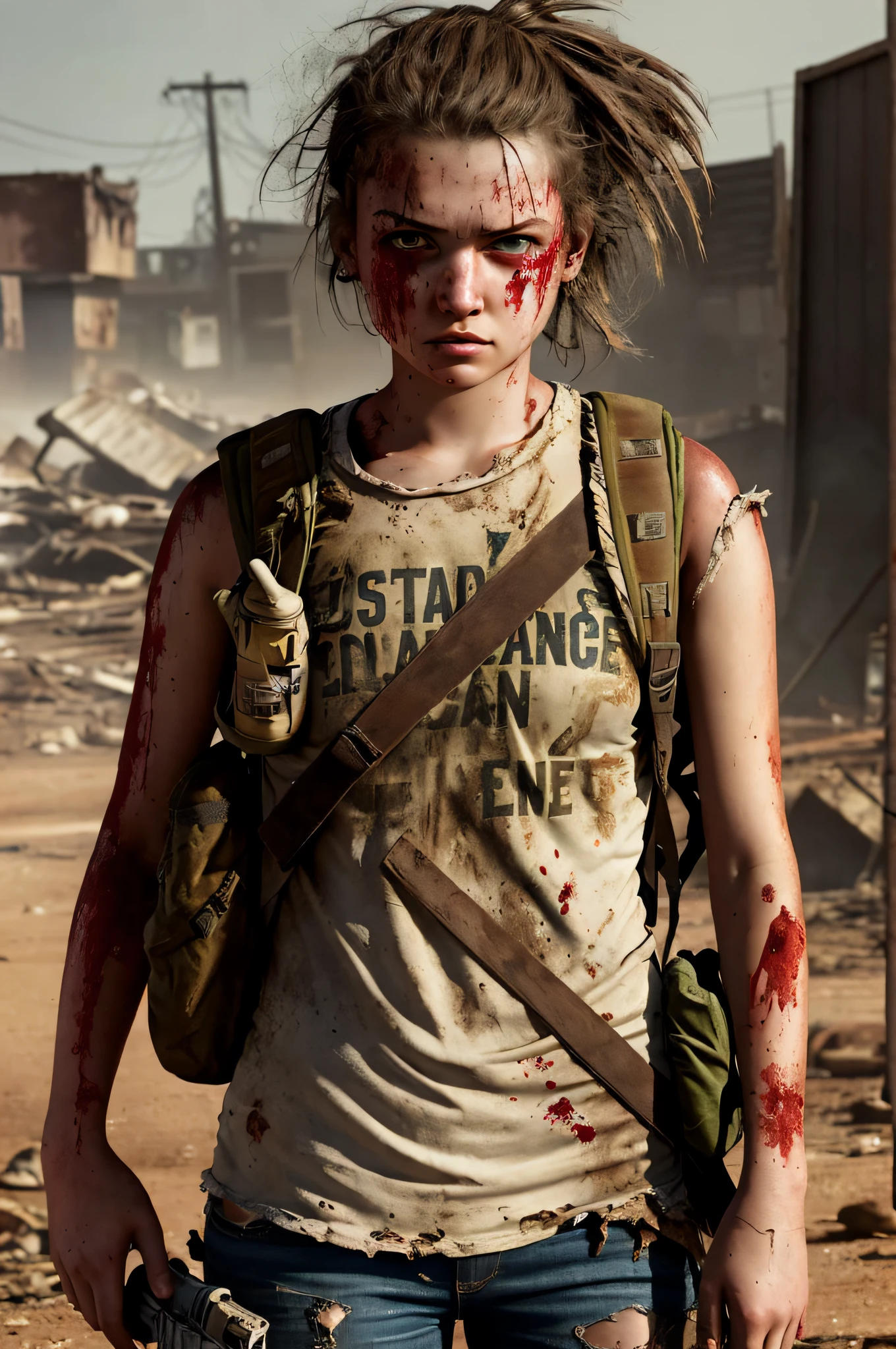 19 year old girl, torn dirty hot clothes, post-apocalyptic, backpack, angry, bleeding from nose, dirty, badass, hot chick, cool, naughty, dirty face, gun in hand, looking straight at the camera, hair strands over her eyes, sweat, focused, straight stance picture, BADASS