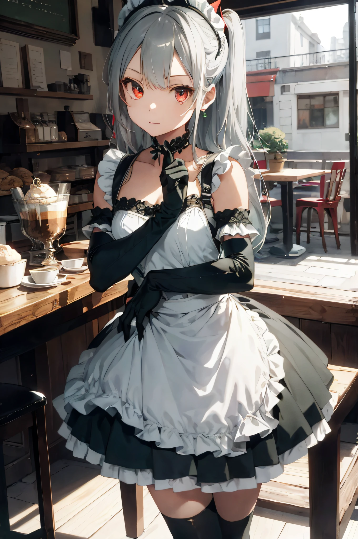 (Style Princess:0.8), Cat-eared Beautiful Girl, Silver Hair,Small, One Girl, ((Maid Clothes))Bikini Maid Clothes, (Rich Green and Black and Red and Silver Hair), ((Cafe)), Slim, (Elbow Gloves) Masterpiece, High Contrast, Ultra Detail, Best Quality, Ultra High Definition, High Definition, Details