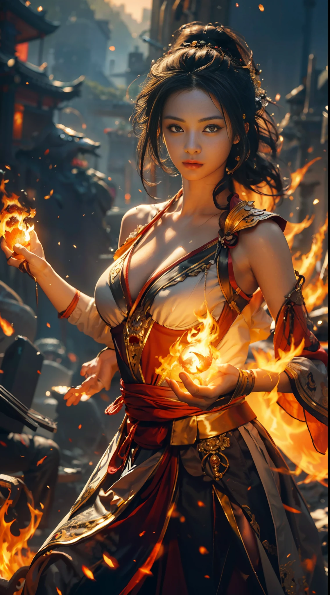 masterpiece, best quality, top quality, super high resolution, 8k HDR, 8k wallpaper, RAW, huge file size, intricate detail, sharp focus, natural light, realistic, professional, sophisticated, amazing, CG, fine detail, beautiful detail, colorful, sharp focus, professional lighting, ray tracing, mandala, entanglement, east asian architecture, girl, solo, cleavage, hair yoke shoulder, black hair, black eyes, (Fire: 1.3), close-up of holding fire in hand, majicmix, fighting pose.