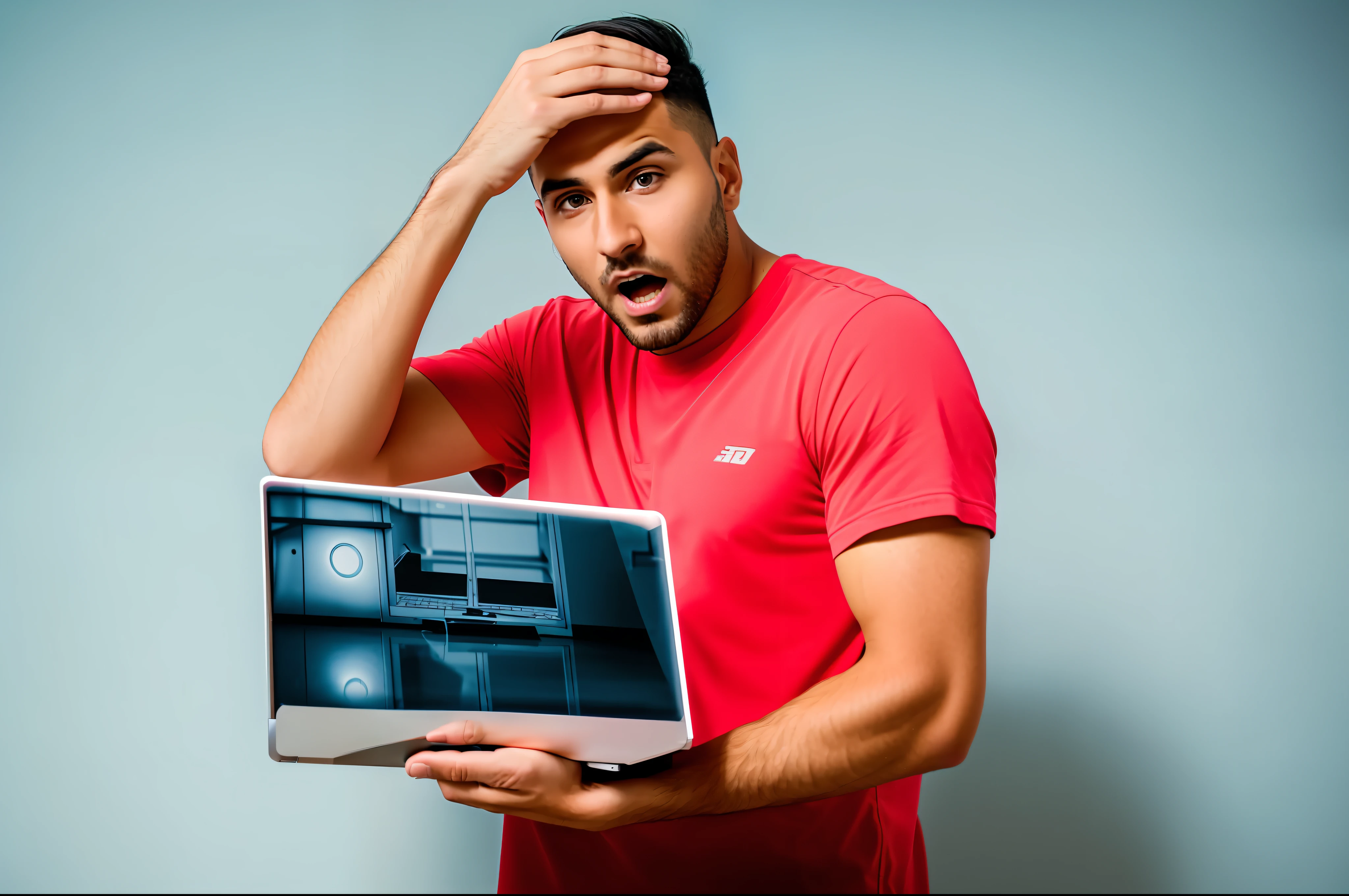 Man holding a laptop with a shocked look on his face