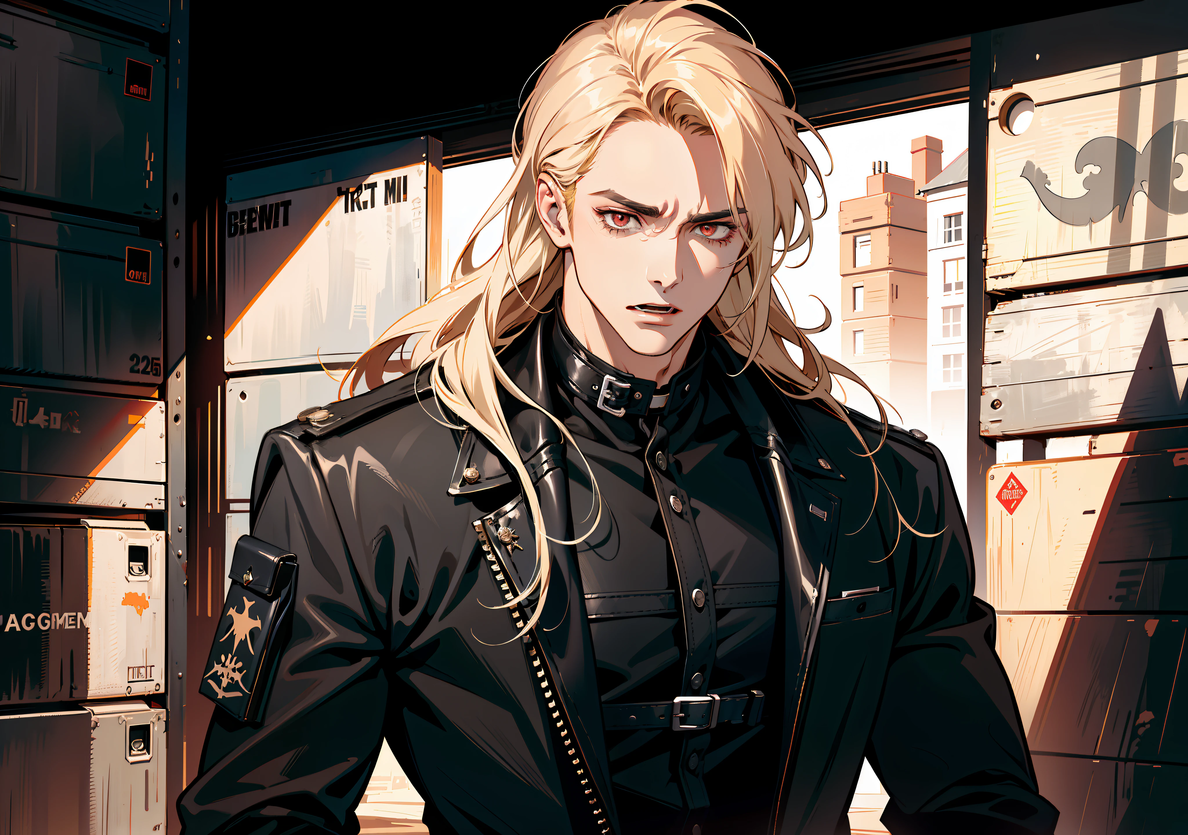portrait, worried expression, wide eyes, ((open mouth)), (absurd res, high res, ultra detailed), 1 male, adult, handsome, tall muscular guy, broad shoulders, blonde long hair, red eyes, finely detailed eyes, looking at viewer, solo, no background, detailed face, smirk, renegade, rugged dark leather clothes, small leather pouch, high fantasy medieval setting, smuggler hideout background, stealth, undercover, (crates in background), shadows, fog, (dutch angle), ((portrait)), black shirt, black jacket