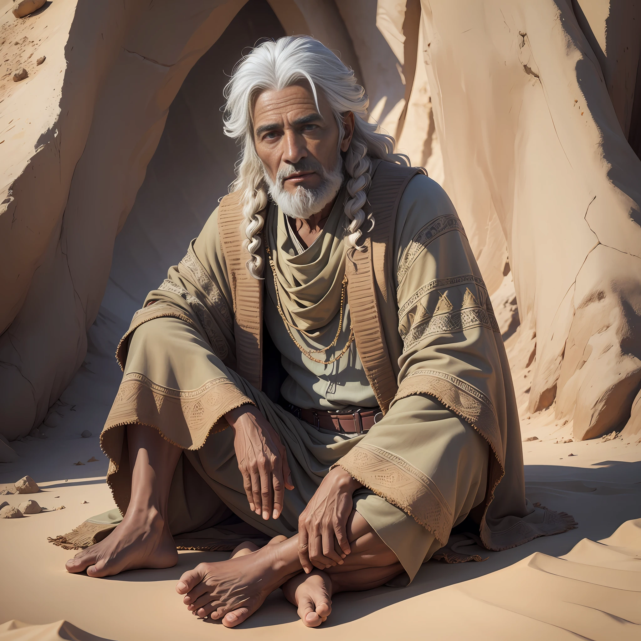 Complete masterpiece of art, high quality, 4k, 8k, high resolution, ultra-realistic photos, ultra-detailed, realistic skin textures, amazing shadows, extremely detailed textures, perfect lighting, high level of image quality. A wise man in the desert, God's guide, Brazilian, dressed in the suit of Jesus, naturally sat on the ground --auto --s2