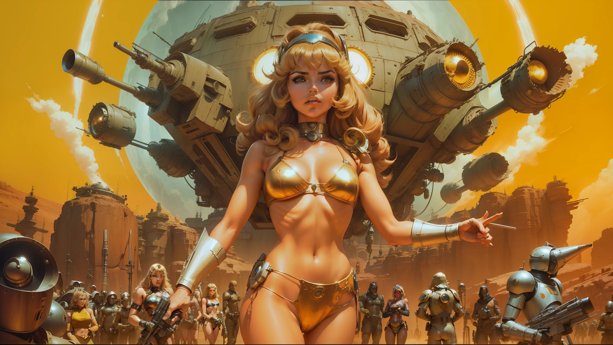 a close up of a woman in a bikini standing in front of a bunch of robots, barbarella, anime 4 k, retro cover, hyperborea, mars, dirty old golden metal, art jiro matsumoto, post - apocalyptic cowgirl, platonic ideal star wars, colossal, caravagio, seventies --auto --s2