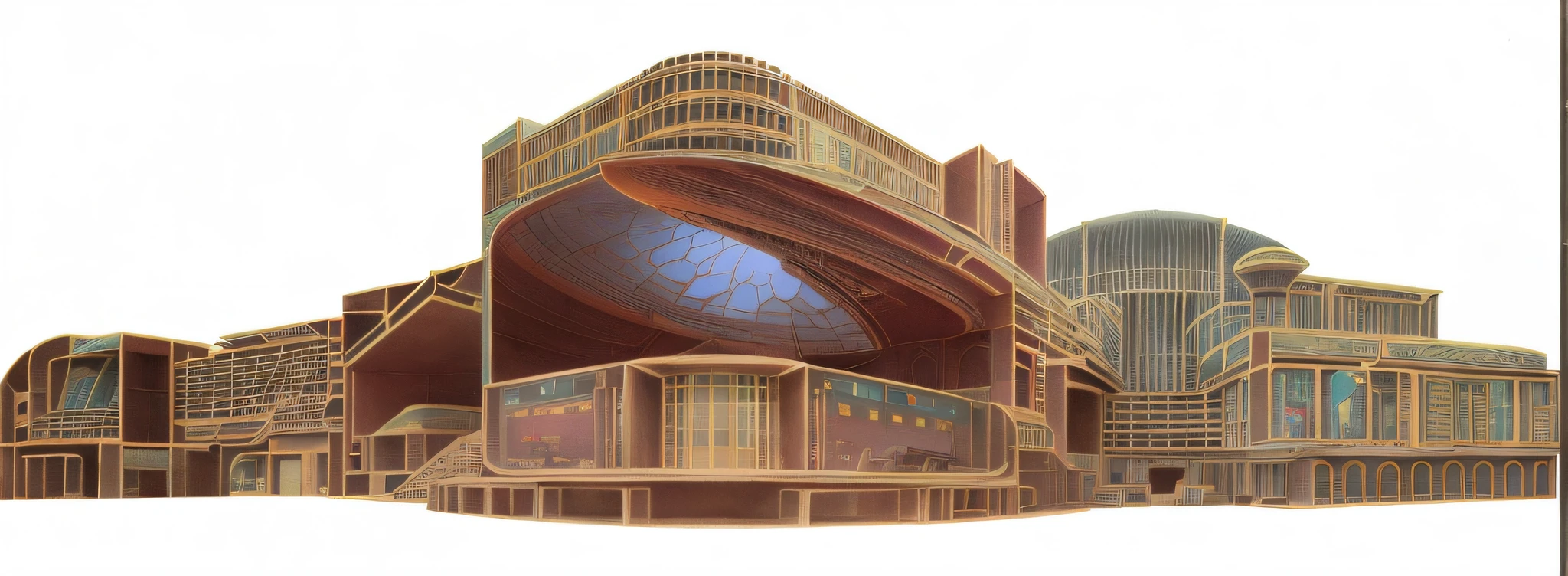 arafed image of a building with a large red object in the middle, martian architecture, backside of scenography elements, section model, hillside desert pavilion, alien sedimentary schematic, architectural illustration, cutaway, by Jon Coffelt, cross section, kilian eng. mœbius, anamorphic illustration, finely detailed illustration