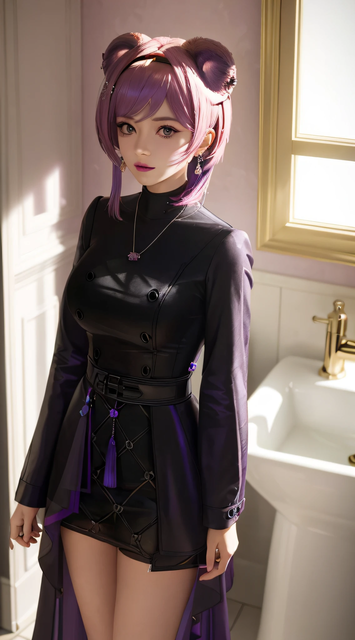 standing inside bathroom, aroused, necklace, earrings, full body, short pink hair, queen dress, superb, ultra-high-definition, RAW photo, realism: 1.25), (bright lip gloss, long eyelashes, smooth face, bright skin, natural shadows, wide light, wide light, depth of field, strong colors, subtle caustics: 0.8), smile, (big tits), v6