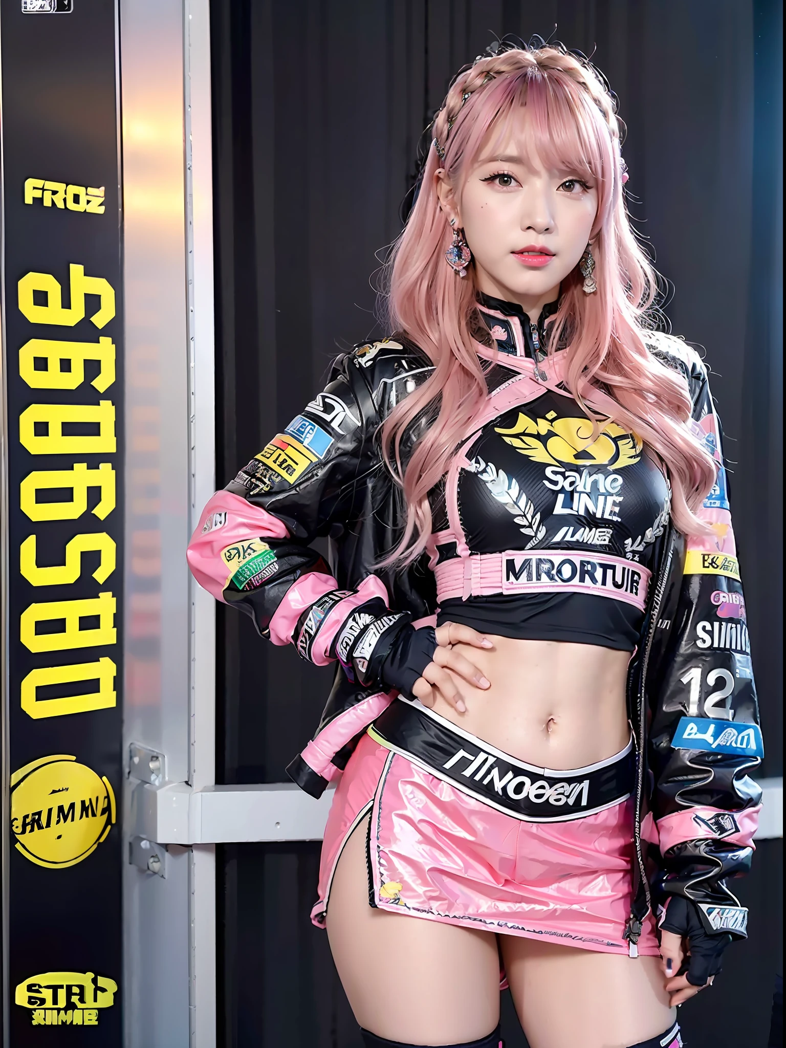Top Quality, Ultra High Resolution, (Photorealistic: 1.4), (Pink Long Hair: 1.3), (Azure Lane\), One Girl, (Kpop Idol), Watch Audience, Detailed Face, Contrappost, Smooth Skin, Perfect Anatomy Professional Lighting, Futuristic Fashion, Streetwear, High-Tech Fabric, Racing Suit, Fireproof Material, Elbow and knee pads, racing gloves, personalized embroidery, sports car background with pits, mini skirt, belly button, pink hair, Suzuka circuit, circuit home straight