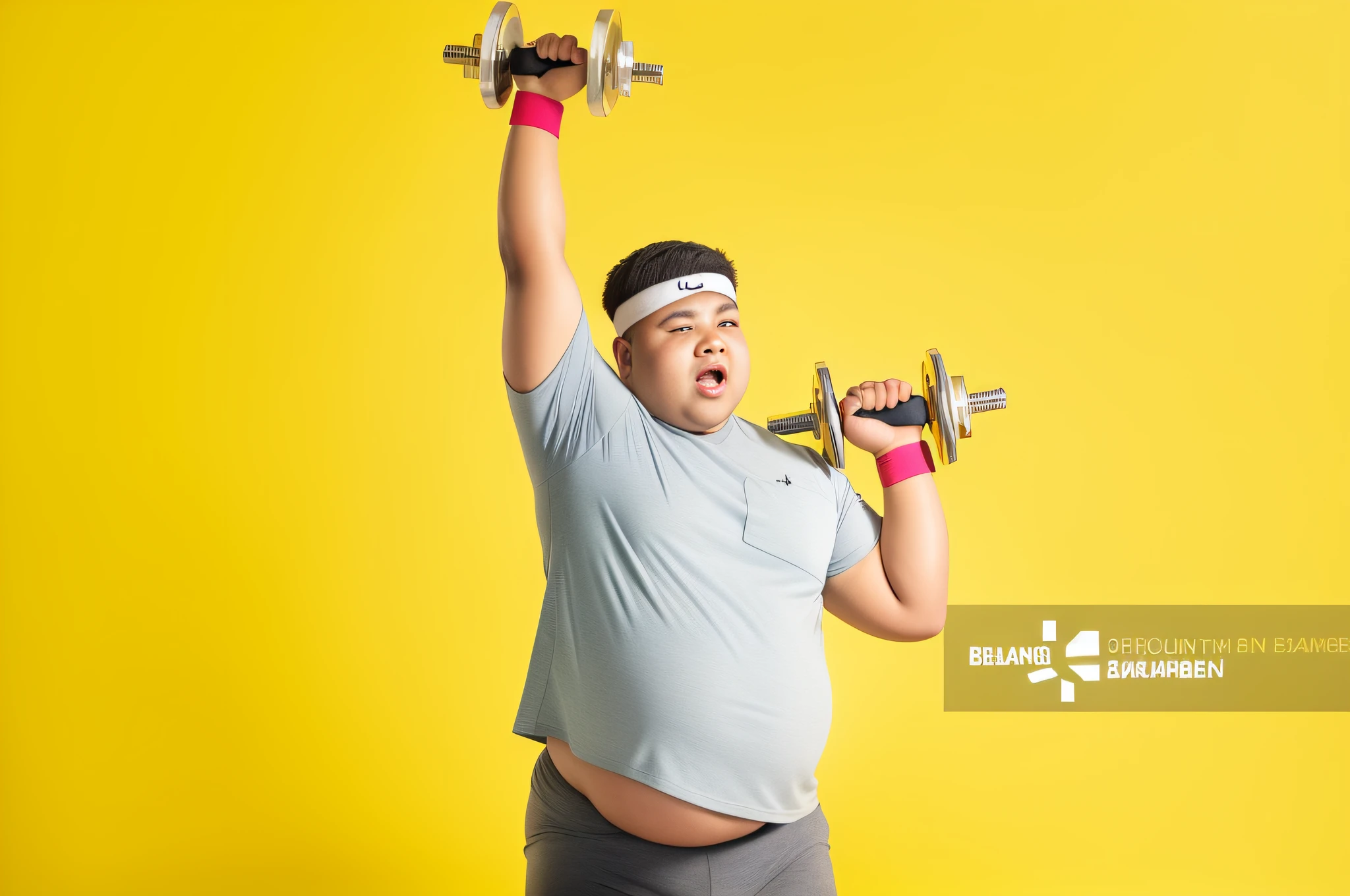 Man holding two dumbbells in front of yellow background, overweight!! teenage boy, obese), morbidly obese, obese, bbwchan, weight lifting, body swelling about to explode, overweight, carrying two barbells, obese, strong man, physically strong upright, strong young man, fat belly, in fitness