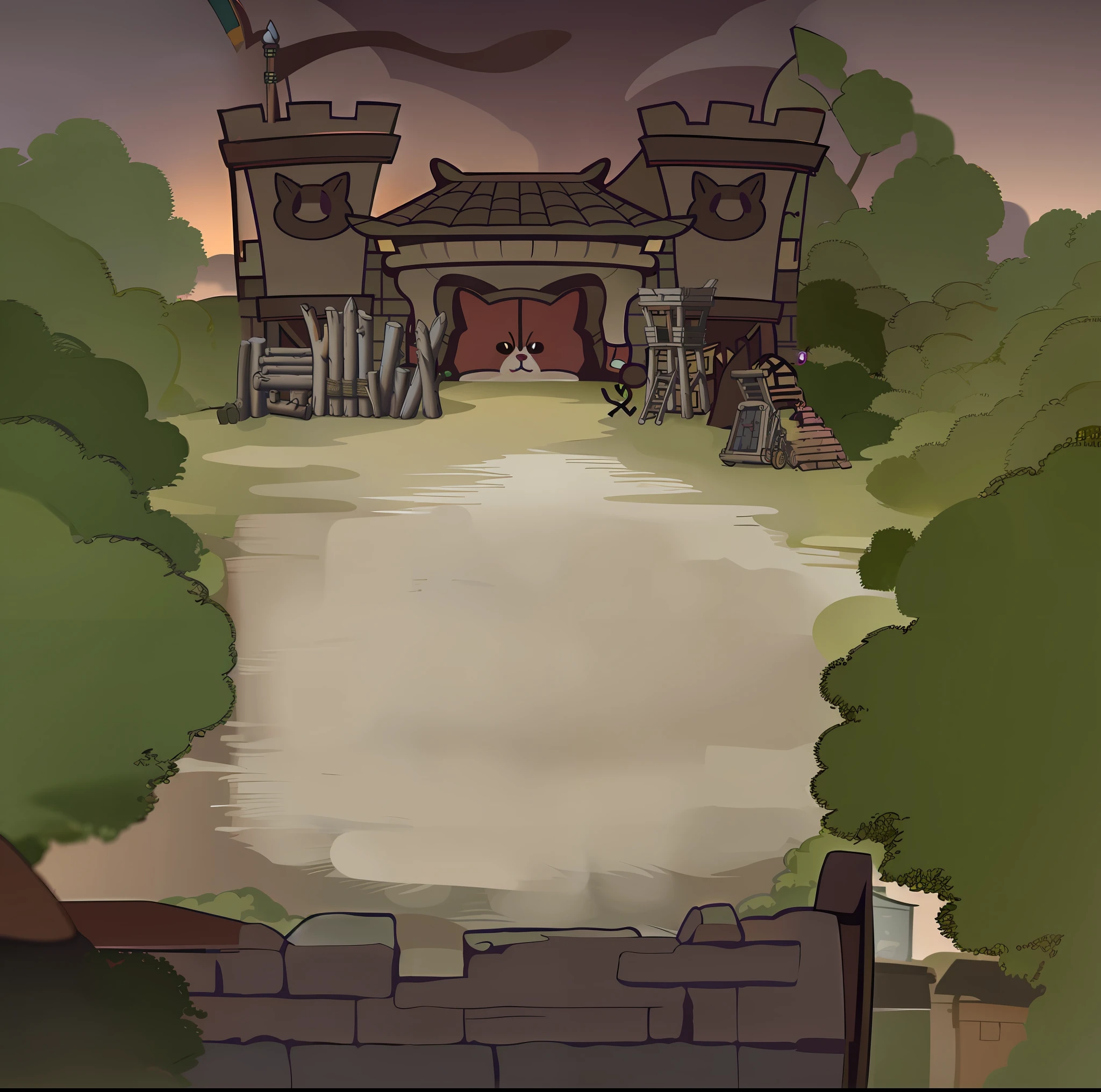 cartoon illustration of a small village with a brown bear in the middle, invading army background, arena background, tavern background, town background, distant village background, background art, background battlefield, random background scene, bloodbath battlefield background, rpg background, battlefield background, [[empty warehouse]] background, town center background, battleground background, background is a slum