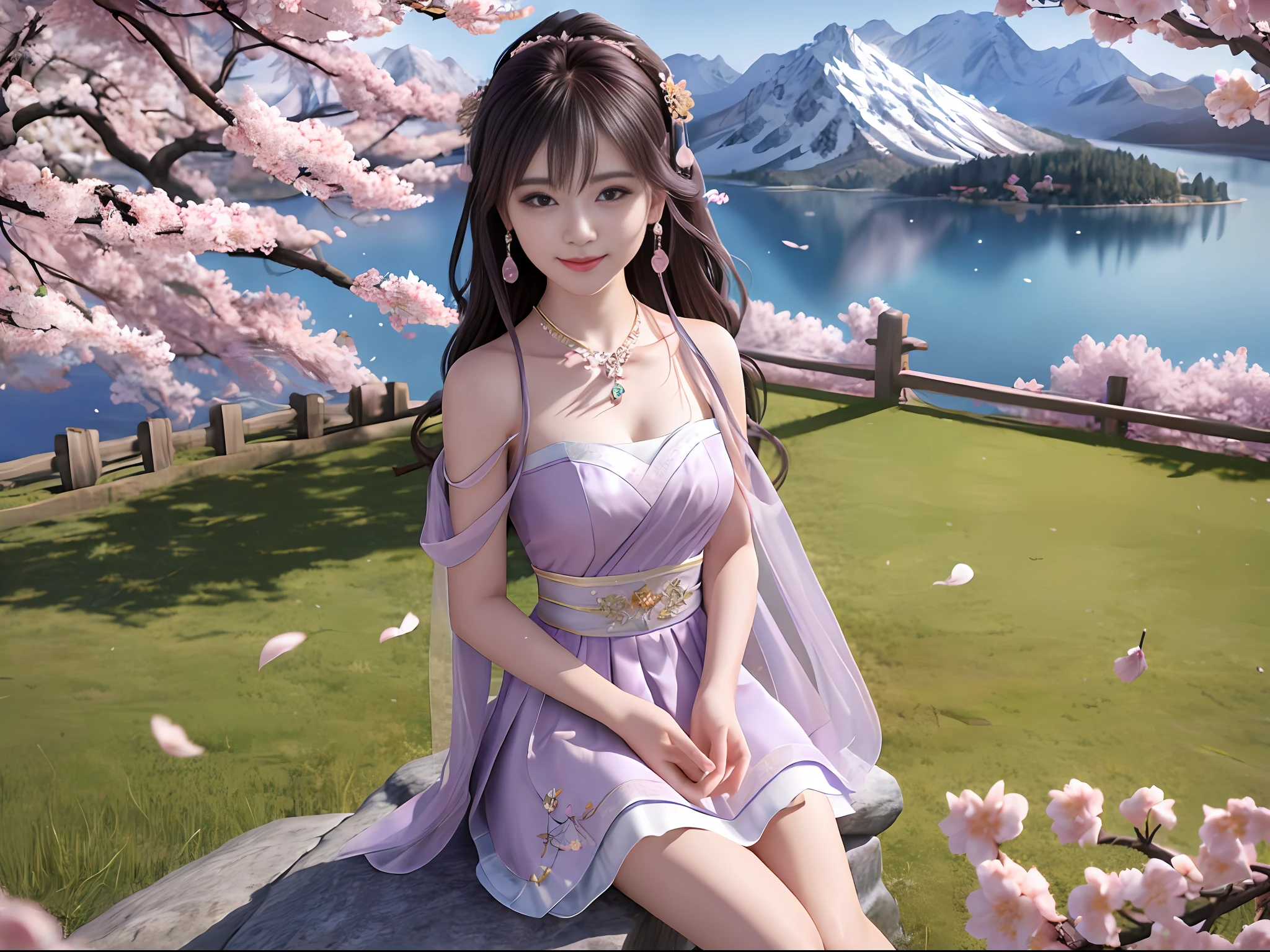 ((((a girl)))))),((solo)))))),(Best quality: 1.4), Masterpiece, High quality, High resolution, Excellent, Photo, 8k, wallpaper, very real and realistic, sitting on stone, (blush), star pupils, (realistic face), (high detail face), smile, healing smile, bright big eyes, delicate eyelashes, beautiful face, beautiful and delicate face, (high detail skin: 1.2), Chinese Hanfu, (( Light purple dress), short skirt,), (bandeau), (cleavage), leaky shoulders, leaky legs, ribbons, (long hair), (bangs), (hair accessories), jewelry, necklaces, jewelry, beauty, light sense, ((mountain), (lake), (cherry blossoms)), high detail background, 8k uhd, DSLR, soft light, high quality, volumetric lighting, candid photos, photos, high resolution, 4k