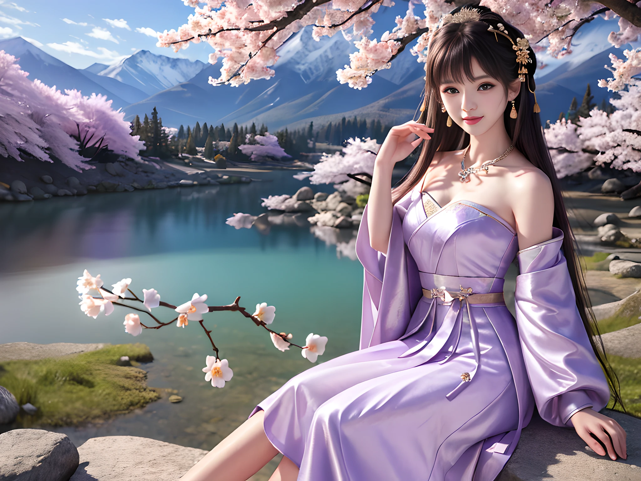 ((((a girl)))))),((solo)))))),(Best quality: 1.4), Masterpiece, High quality, High resolution, Excellent, Photo, 8k, wallpaper, very real and realistic, sitting on stone, (blush), star pupils, (realistic face), (high detail face), smile, healing smile, bright big eyes, delicate eyelashes, beautiful face, beautiful and delicate face, (high detail skin: 1.2), Chinese Hanfu, (( Light purple dress), short skirt,), (bandeau), (cleavage), leaky shoulders, leaky legs, ribbons, (long hair), (bangs), (hair accessories), jewelry, necklaces, jewelry, beauty, light sense, ((mountain), (lake), (cherry blossoms)), high detail background, 8k uhd, DSLR, soft light, high quality, volumetric lighting, candid photos, photos, high resolution, 4k
