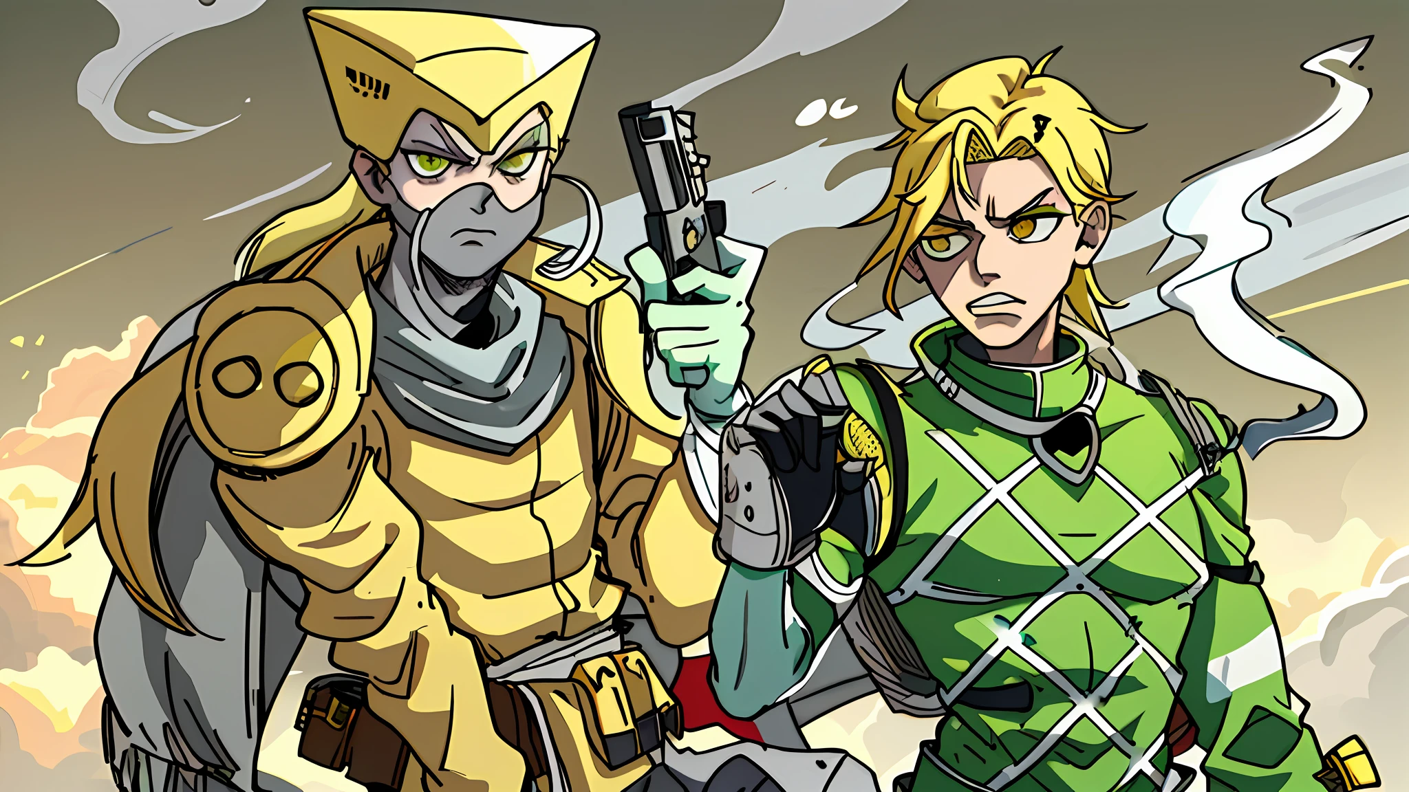 two people, green shirt with white stripes, yellow hair, gun, white gloves, white hat with DIO on it, yellow armor, grey skin, green heart, red eyes, jojo, smoke, hd, highres