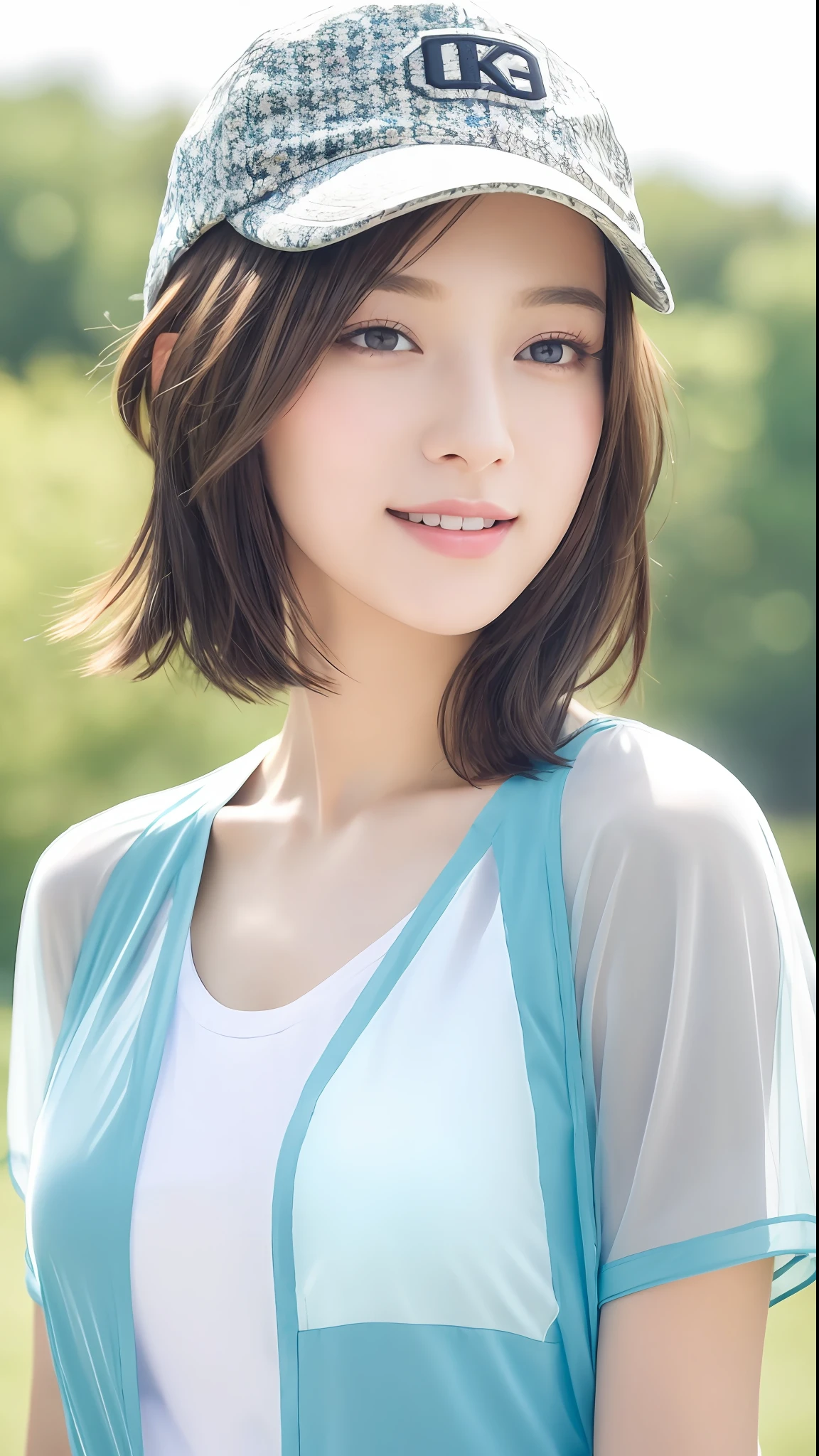 (Masterpiece:1.3), (8K, Realistic, RAW Photos, Best Quality: 1.4), Qingdao Beauty, Beautiful Face, (Realistic Face), Baseball Cap,(Brunette Hair, Short Hair:1.0), Beautiful Hairstyle, Realistic Eyes, Beautiful Detailed Eyes, (Realistic Skin), Beautiful Skin, Attractive, Ultra HD, Ultra Realistic, High Detail, Look at the bystander, smile, open the pastel transparent shirt, stand,