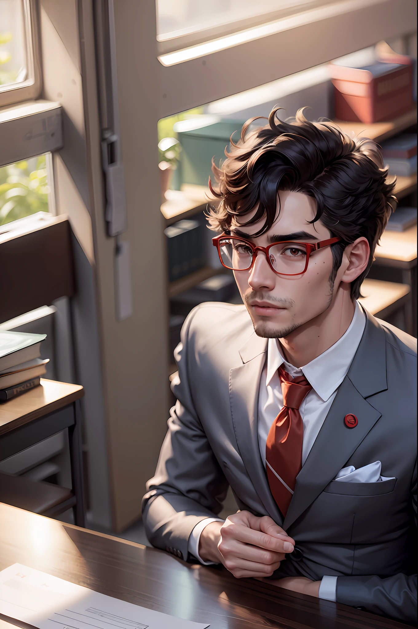 bespectacled, male, Teacher image, The background is the classroom, Wear a suit, With a red tie, Body standard, The sunshine, black hair, mole under eye, upper teeth