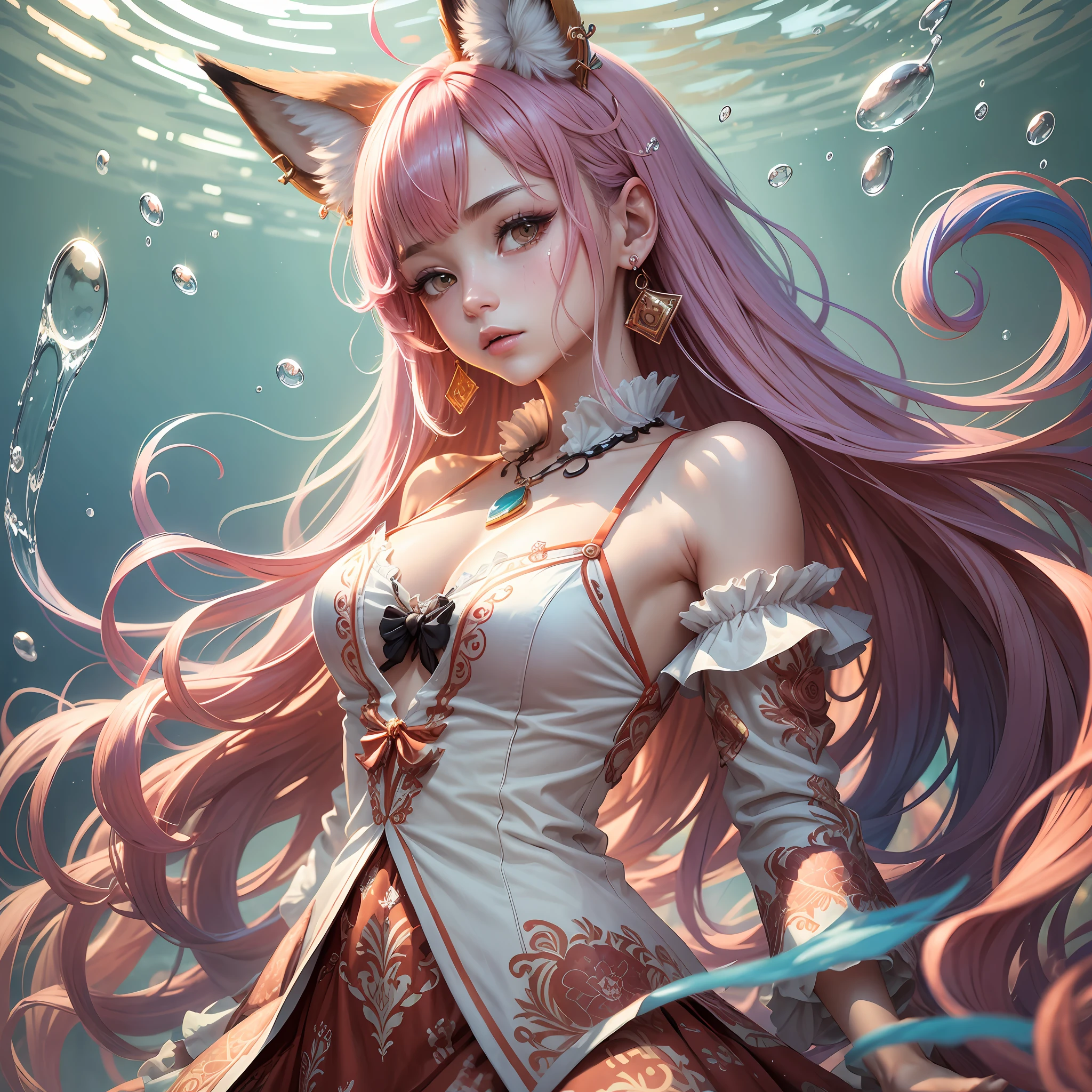 (best quality), (masterpiece), (high-rise), original, (very detailed 8K wallpaper), (standing), (upper body), 1girl, solo, arms behind back, (fox ears)), floating hair, soft light, flexibility, underwater, coral, (standing), sunlight, bright, earrings, lace, necklace, ((bright light silk)), ((patterned clothes)), multi-colored hair, gradient hair, colored inner hair, colored tips, unkempt hair, There is milk, sweat, bangs on the body, --auto --s2
