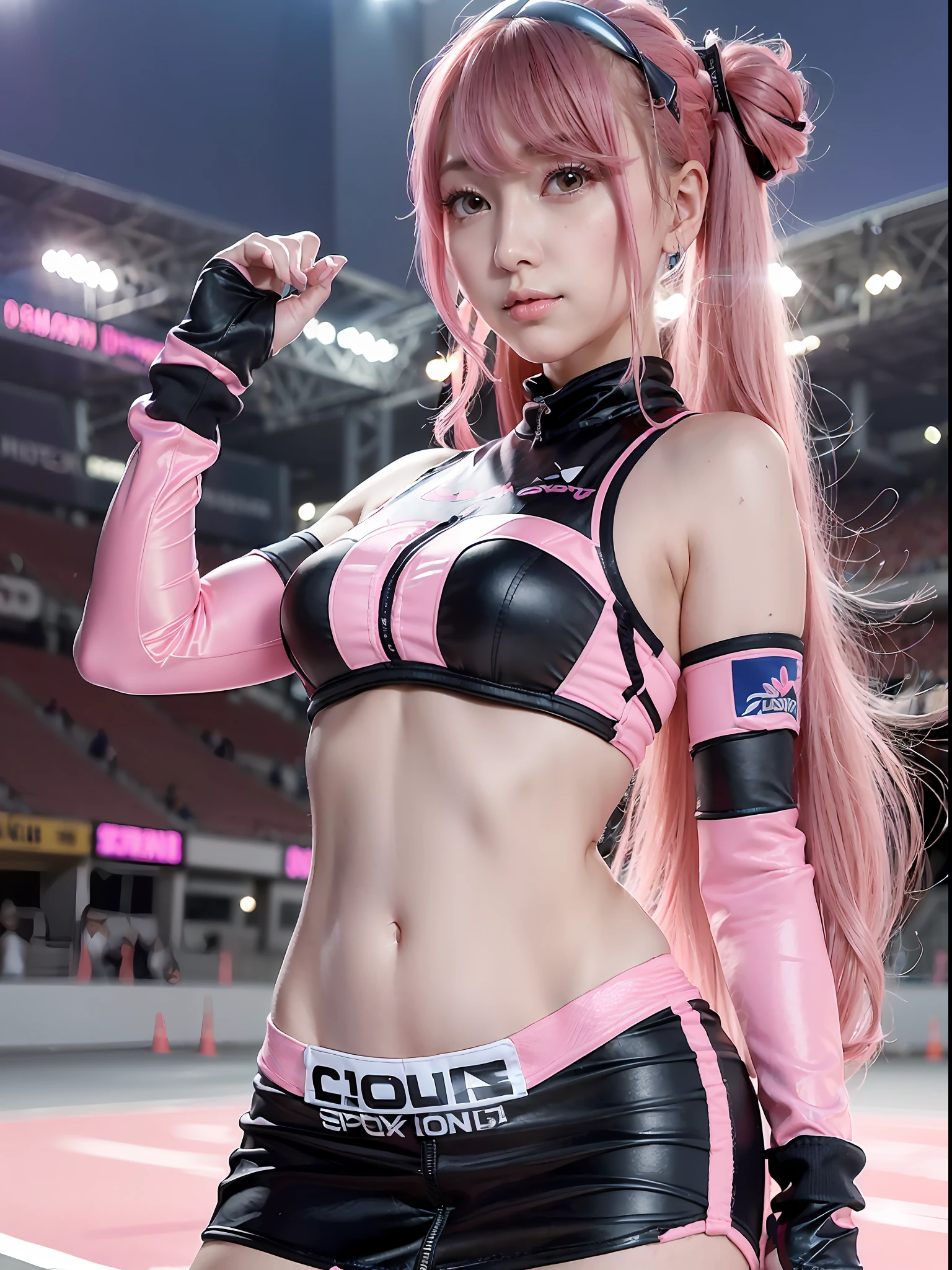 Top Quality, Ultra High Resolution, (Photorealistic: 1.4), (Pink Long Hair: 1.3), (Azure Lane\), One Girl, (Kpop Idol), Watch Audience, Detailed Face, Contrappost, Smooth Skin, Perfect Anatomy Professional Lighting, Futuristic Fashion, Streetwear, High-Tech Fabric, Racing Suit, Fireproof Material, Elbow and knee pads, racing gloves, personalized embroidery, sports car background with pits, mini skirt, belly button, pink hair, Suzuka circuit, circuit home straight